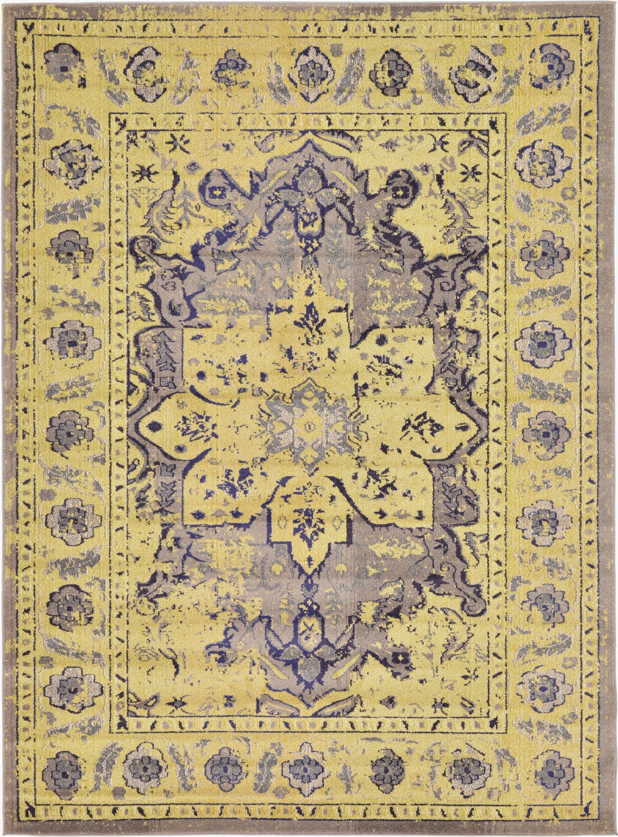 A rectangular 8x11 gray and yellow bohemian rug with a distressed medallion pattern, suitable for a living room.