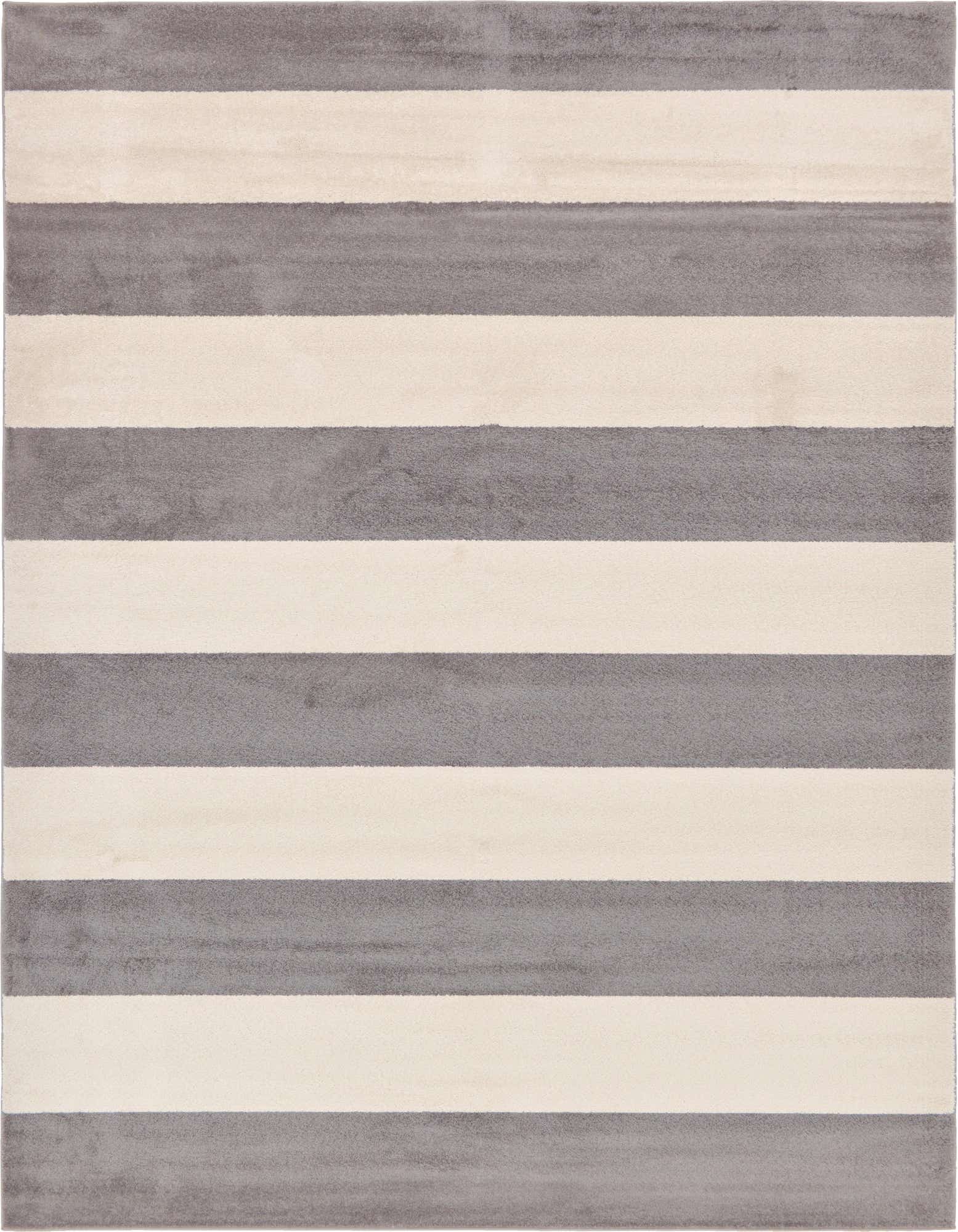 A 10x13 rectangular Frieze area rug featuring wide horizontal stripes in alternating light cream and medium gray, suitable for a modern living room.