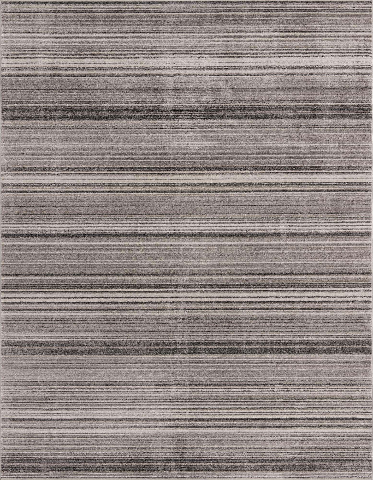 A 9x12 rectangular gray area rug with a modern striped pattern, featuring varying shades of gray and silver.