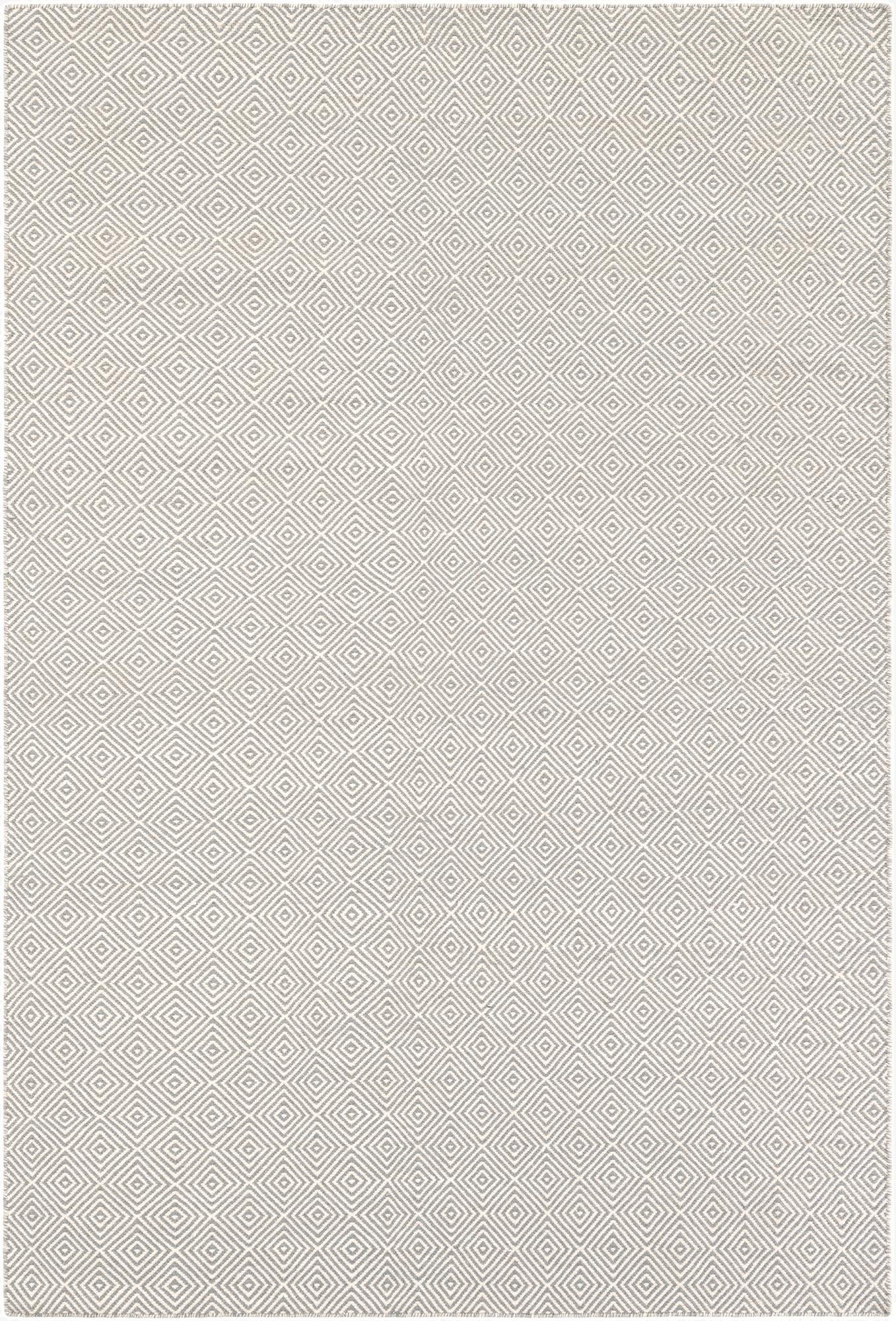 A 6x9 rectangular gray and silver flatweave rug with a repeating contemporary trellis diamond pattern, suitable for a living room.