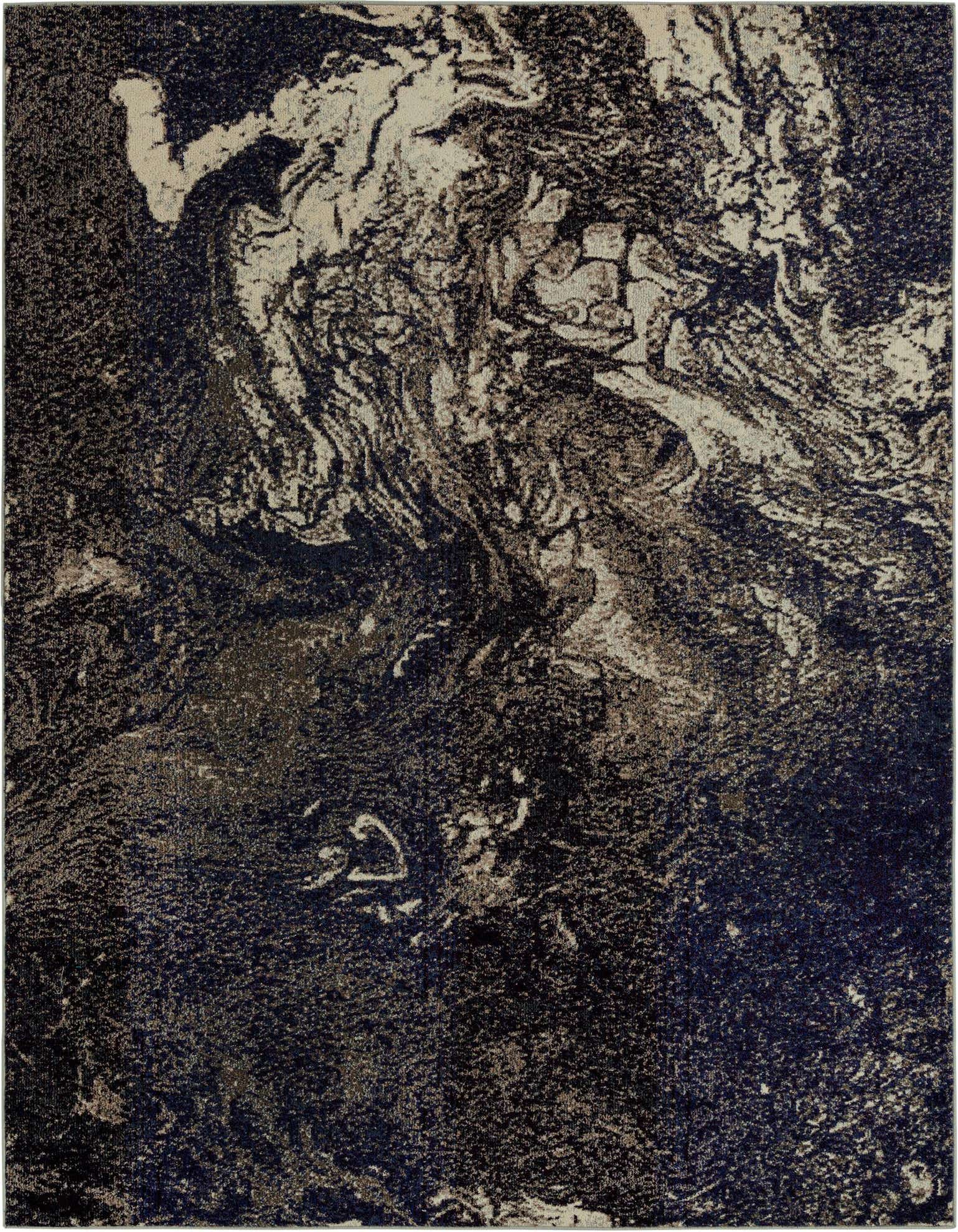 An 8x10 rectangular Rugs.com Haerfest rug featuring an abstract, modern pattern in varying shades of gray, silver, and dark tones, suitable for a living room.