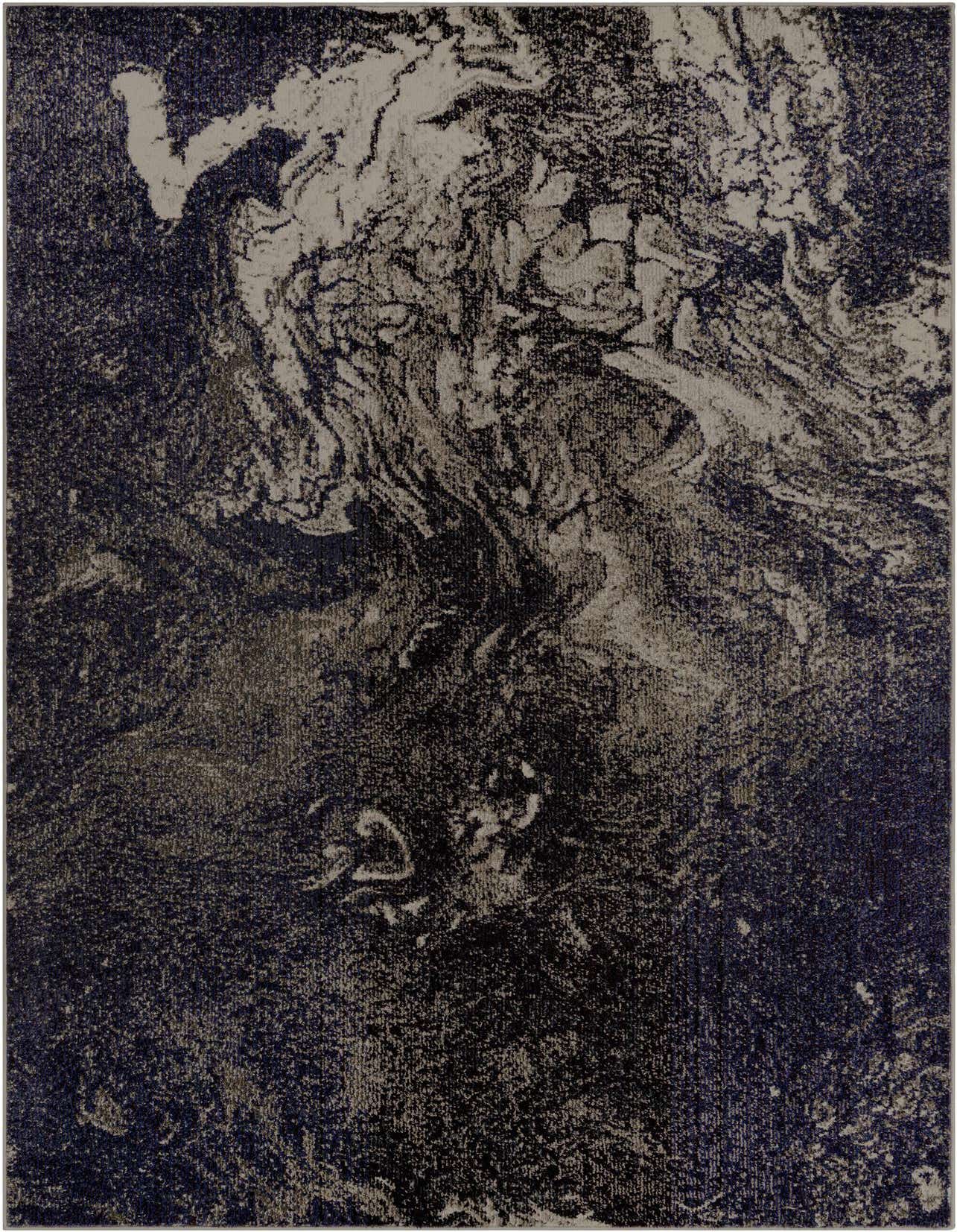 A 5x8 rectangular Haerfest rug featuring an abstract, industrial pattern in varying shades of gray and silver.