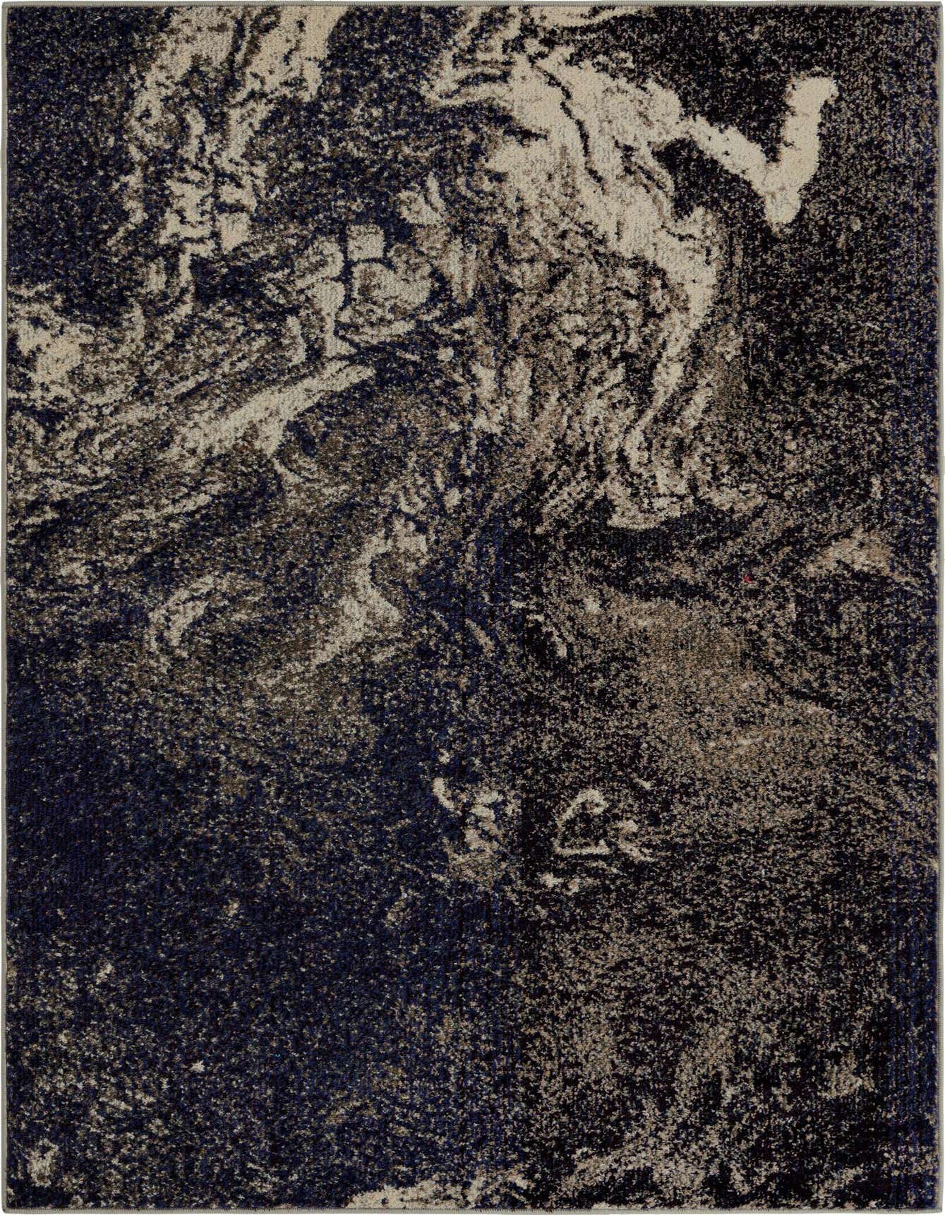 A 4x6 rectangular Rugs.com Haerfest rug featuring an abstract, industrial pattern in varying shades of gray, silver, and dark blue.