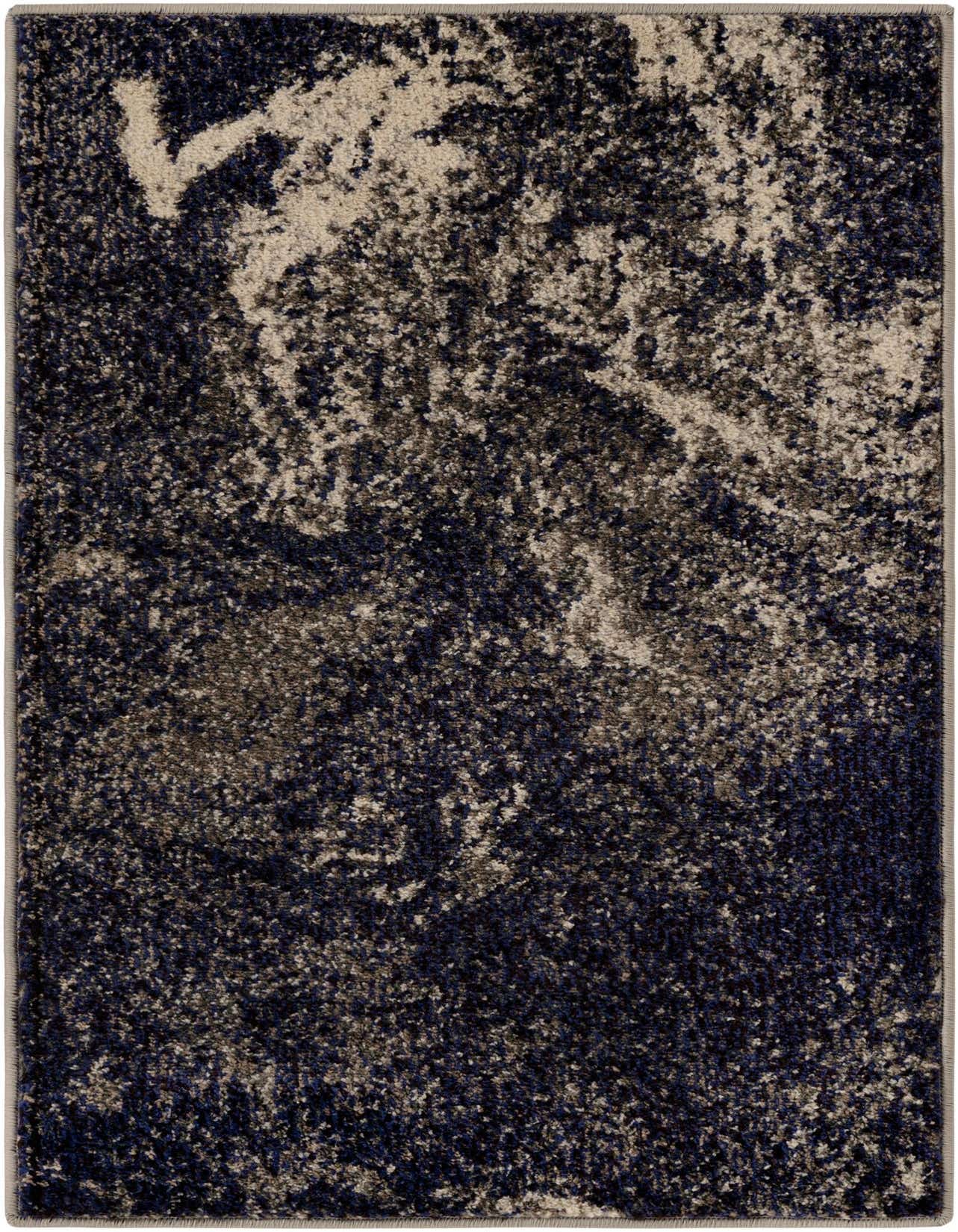 A 2x3 rectangular Rugs.com Haerfest rug featuring an abstract, industrial pattern in varying shades of gray, silver, and dark blue.