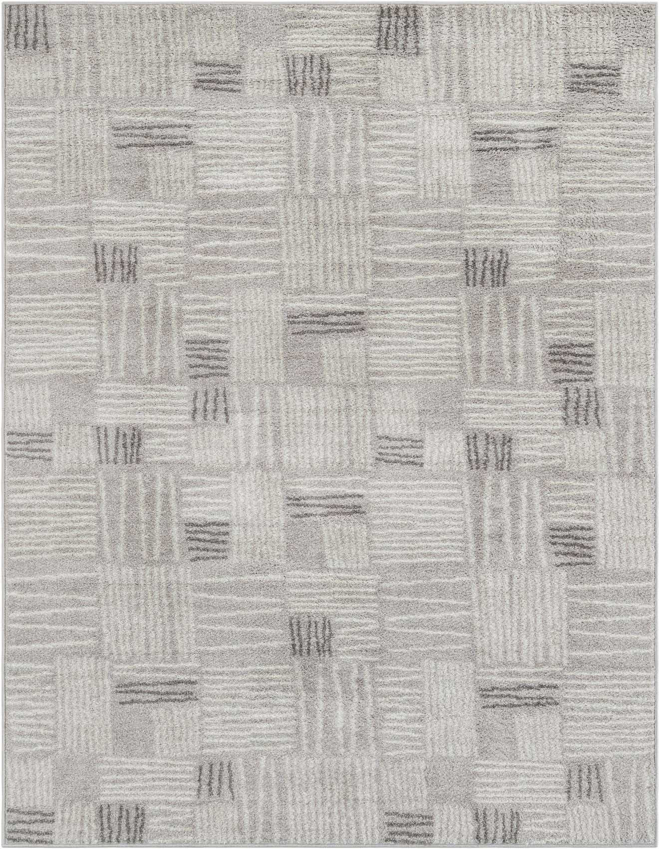 A 5x8 rectangular gray modern area rug featuring an abstract geometric pattern of light and dark gray lines.