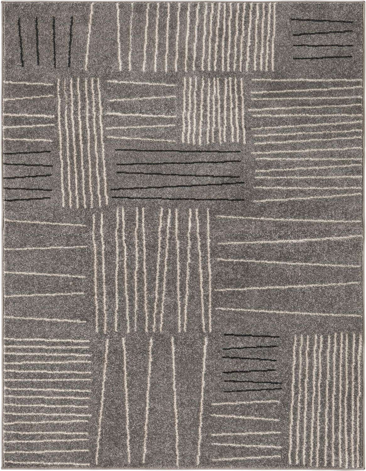 A 5x7 rectangular gray area rug with a modern abstract pattern of white and black lines.
