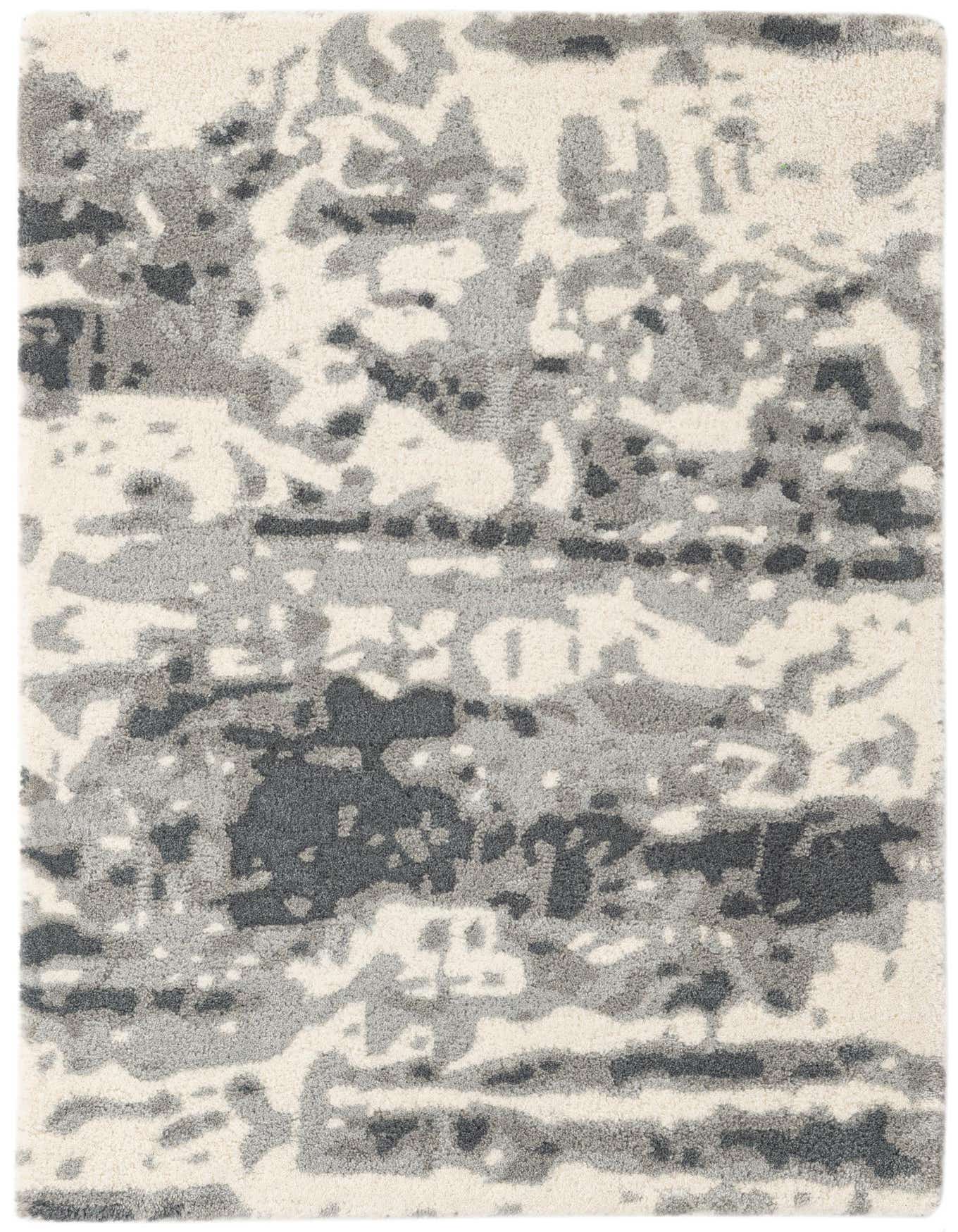 A rectangular 2x3 gray and silver modern abstract rug with a high pile, suitable for indoor use.