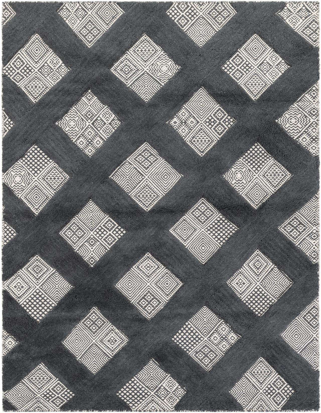 A 5x8 rectangular gray modern area rug featuring a pattern of large white geometric diamonds on a dark gray background.