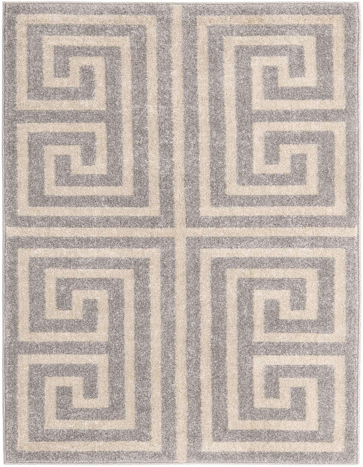 A 3x5 rectangular gray area rug with a repeating light gray Greek Key pattern, suitable for a living room or entryway.