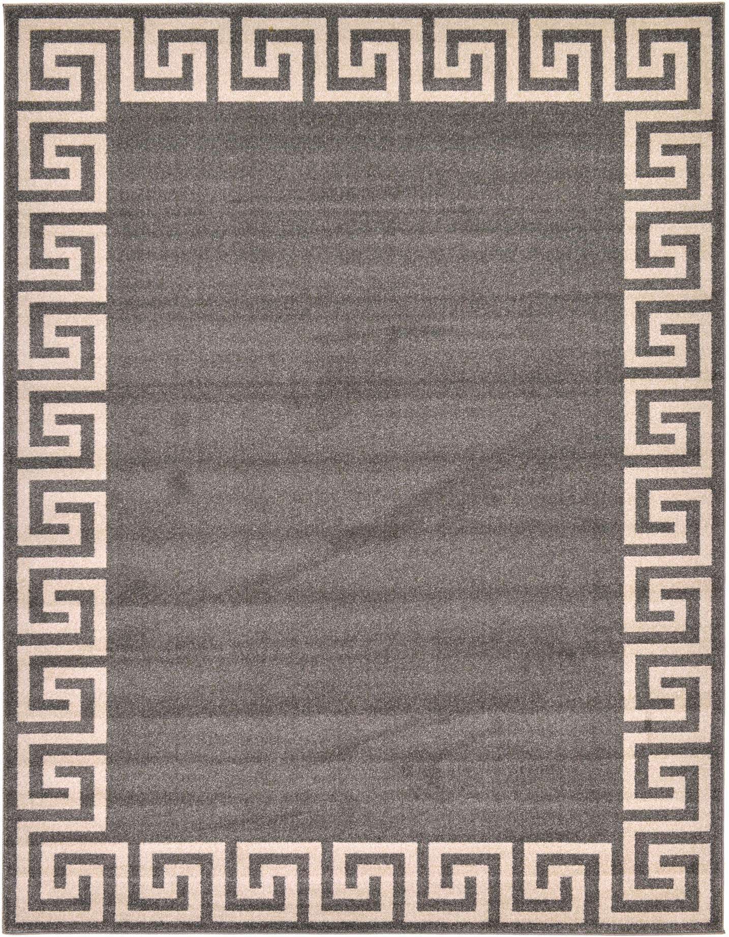 A 7x10 rectangular gray area rug featuring a cream-colored Greek key border pattern, suitable for a living room.