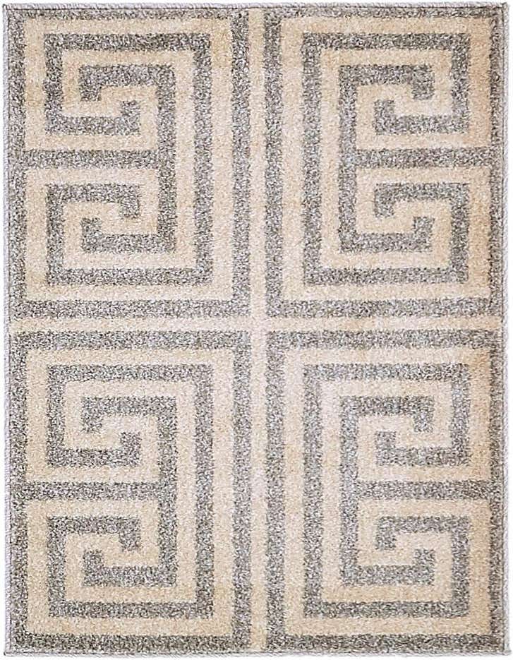 A 2x3 rectangular gray and beige rug with a repeating Greek key pattern, suitable for an entryway or kitchen.