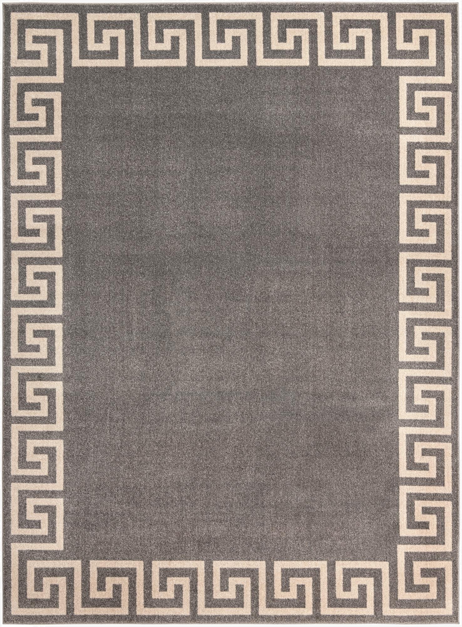 A 9x12 rectangular gray area rug with a cream Greek key border, suitable for a living room.