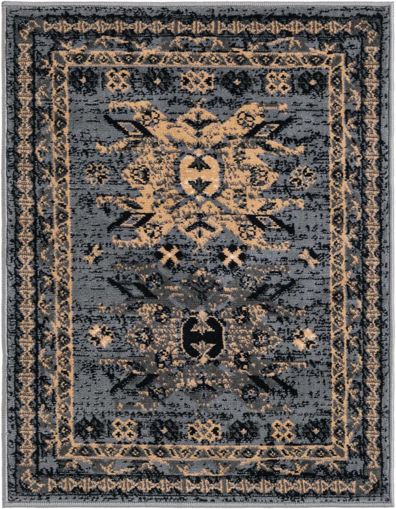 A 2x3 rectangular Heris rug featuring a traditional Southwestern medallion pattern in shades of gray, silver, black, and beige.