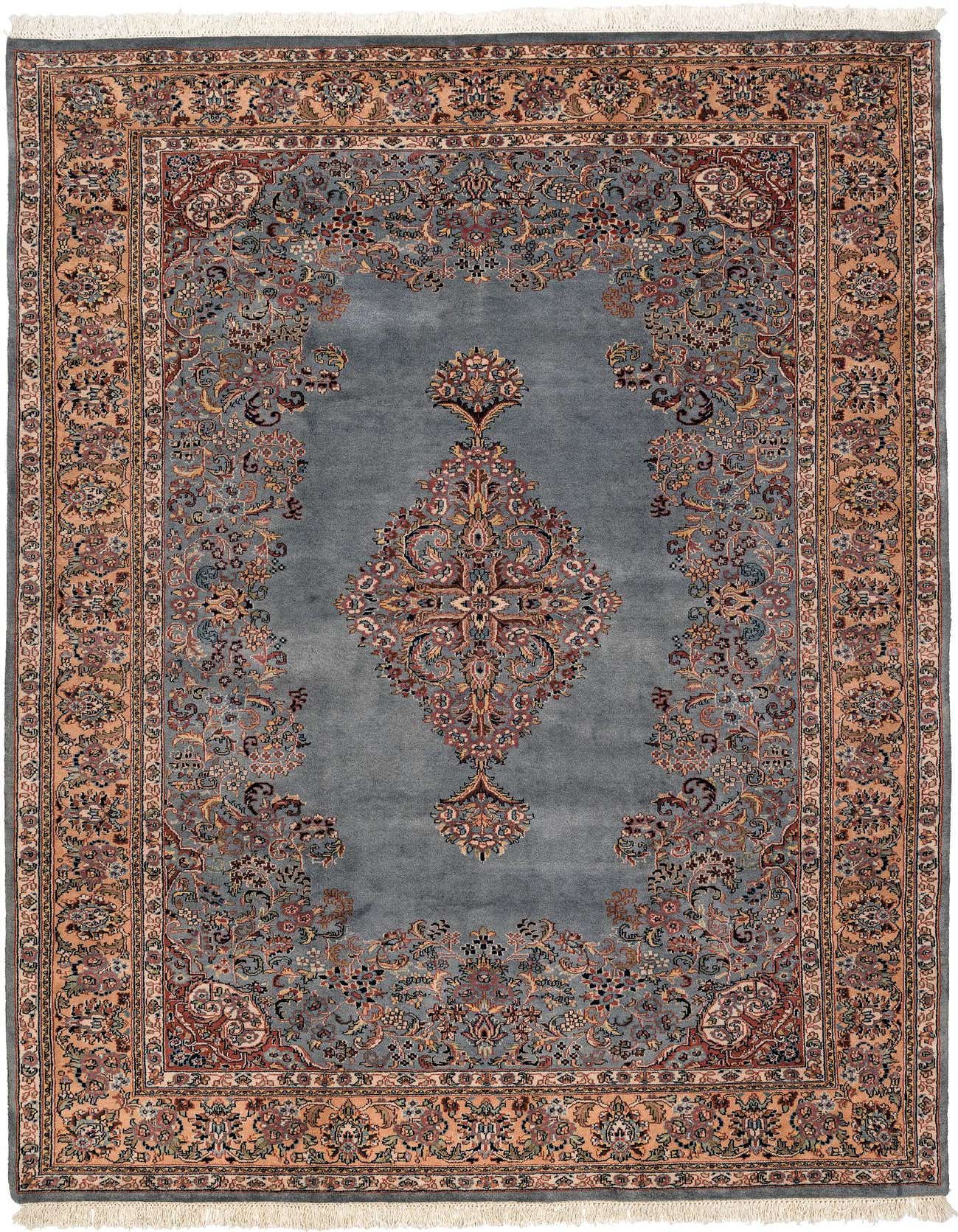 A 7x10 rectangular Isfahan rug featuring a gray field with an intricate traditional medallion and floral border in peach, rust, and blue.