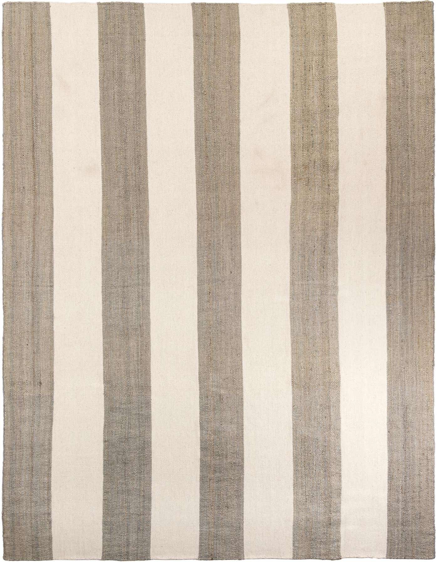 A large 10x14 rectangular Rugs.com Jill Zarin Hamptons rug with wide alternating gray and off-white vertical stripes.