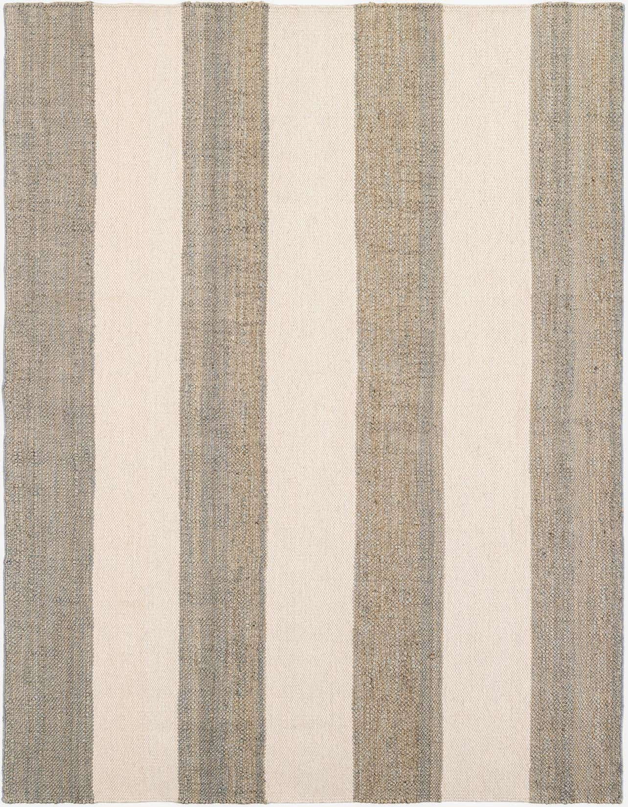 A 6x9 rectangular Jill Zarin Hamptons rug featuring wide vertical stripes of natural jute and off-white wool.
