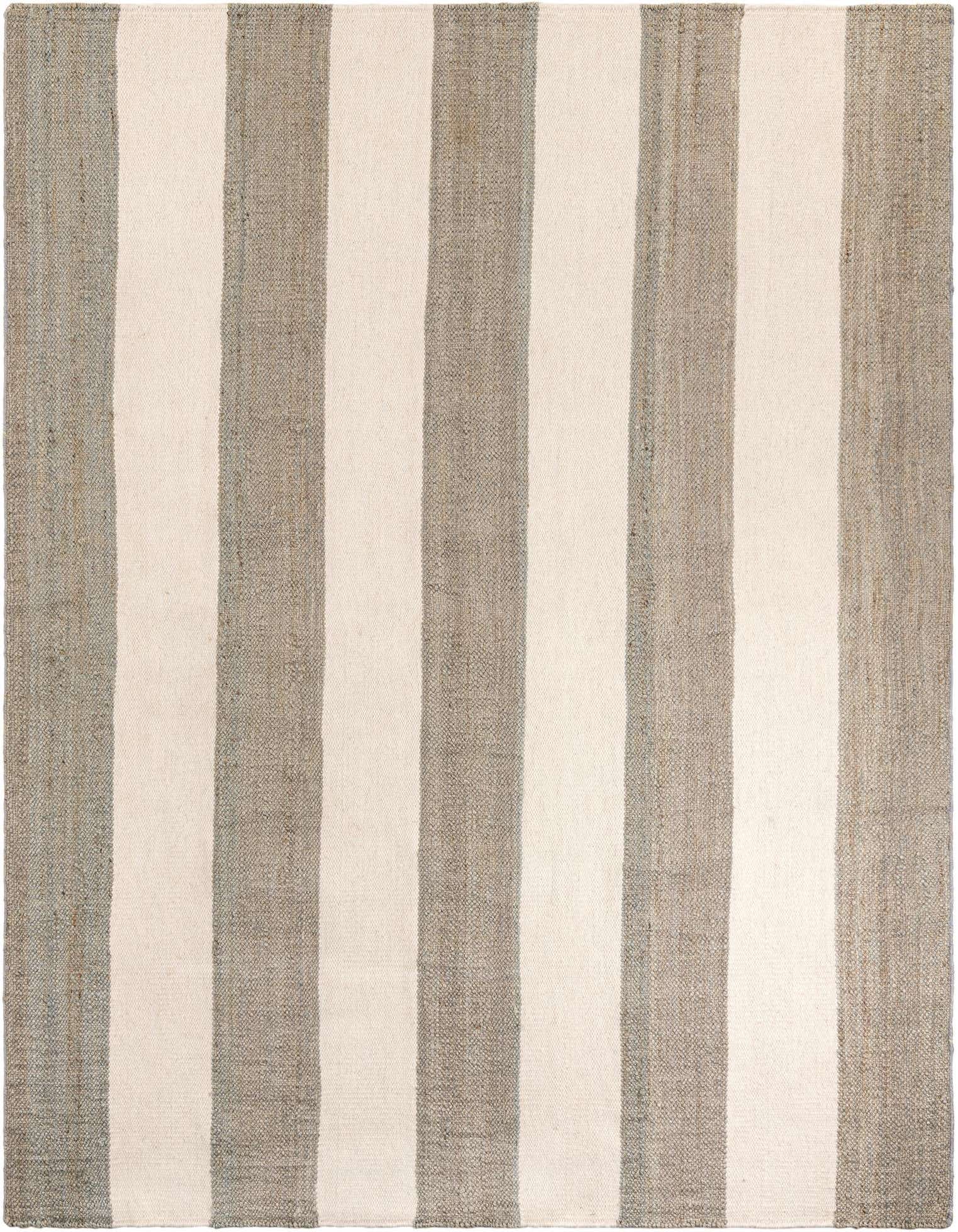 A rectangular 8x10 Jill Zarin Hamptons rug with wide alternating stripes of natural jute and off-white wool, showcasing its textured flatweave.