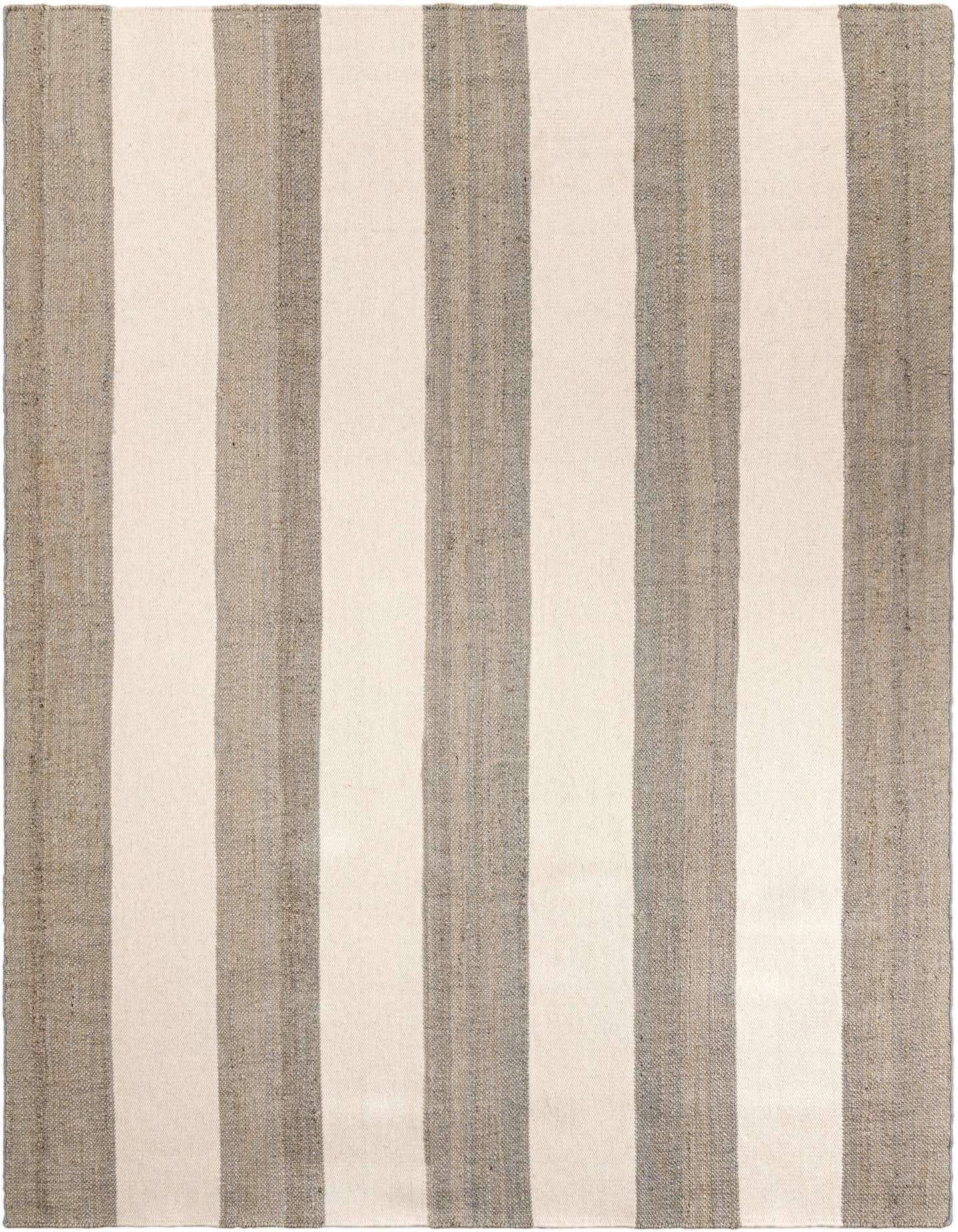 A 9x12 rectangular Jill Zarin Hamptons rug featuring wide alternating stripes of natural gray jute and creamy white wool, showcasing its flatweave texture.
