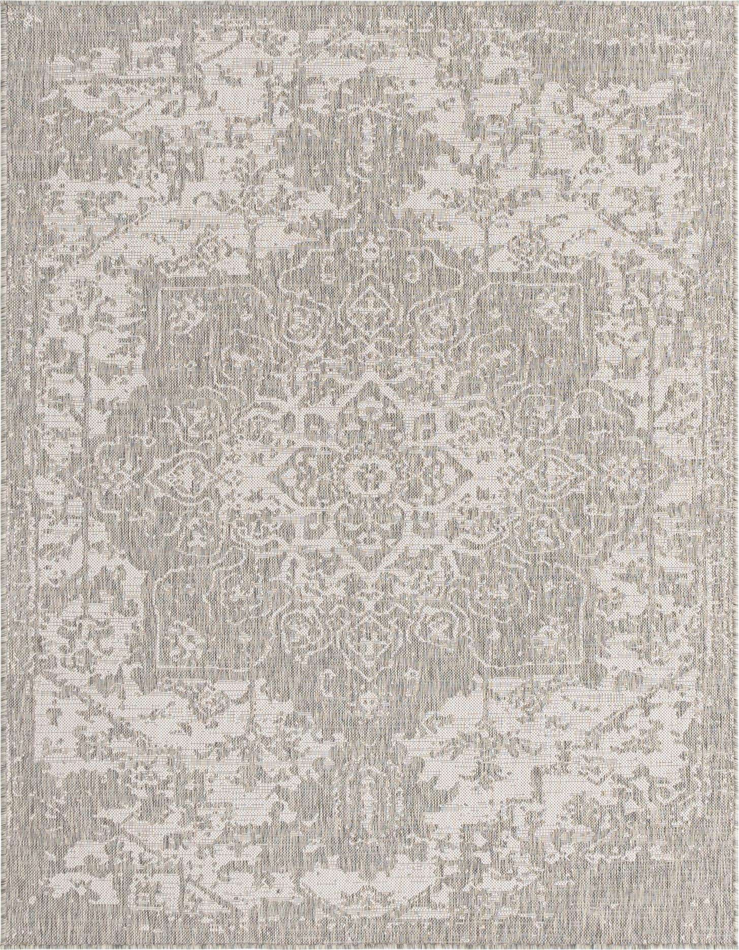 A 5x8 rectangular gray and silver indoor/outdoor rug with a distressed traditional medallion pattern.