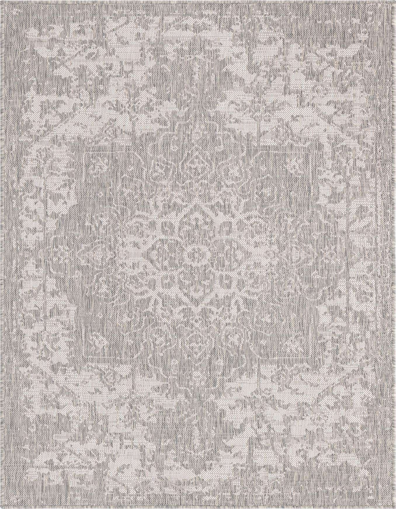 A 4x6 rectangular gray indoor/outdoor rug with a distressed Mediterranean medallion pattern, ideal for a living room or patio.