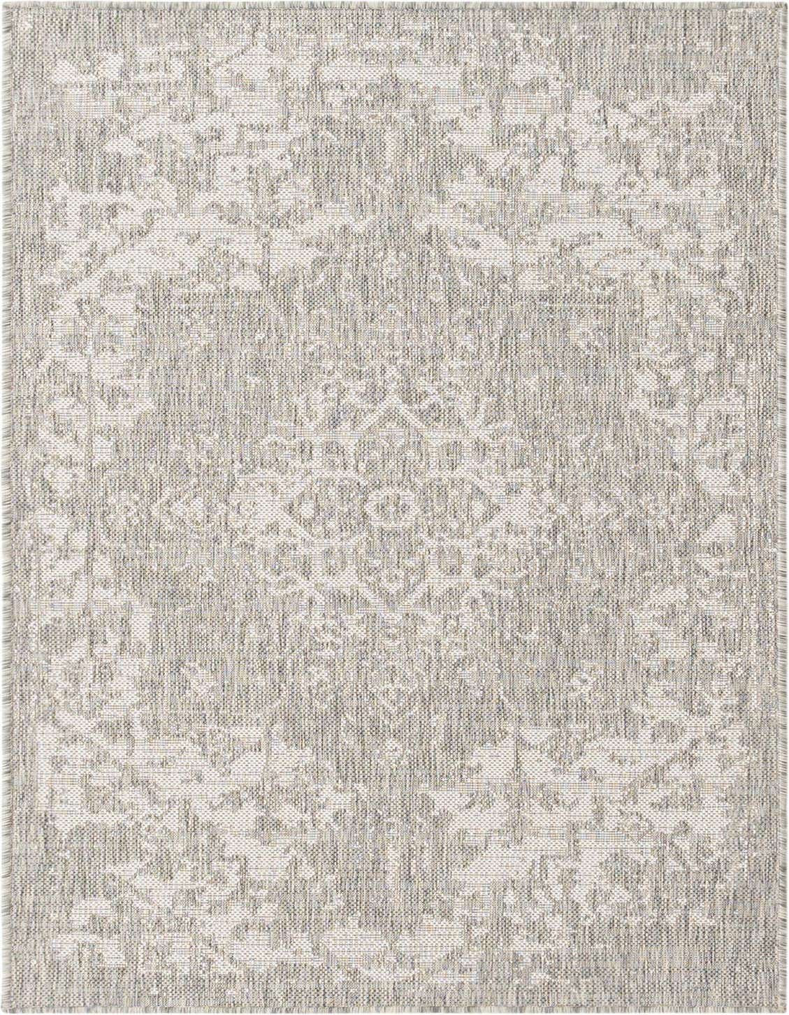 A 3x5 rectangular gray indoor/outdoor rug with a subtle distressed medallion and traditional Mediterranean pattern.
