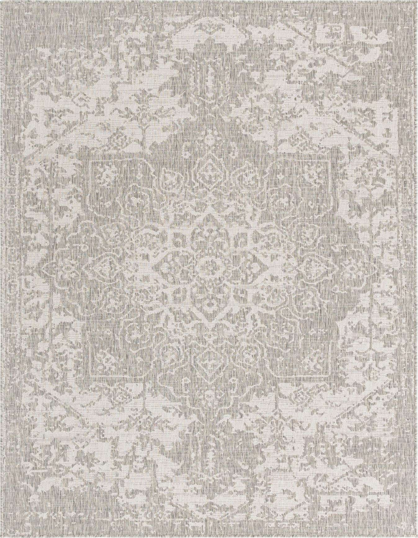 A 7x10 rectangular gray and silver Mediterranean style rug with a distressed medallion pattern, suitable for indoor or outdoor use.