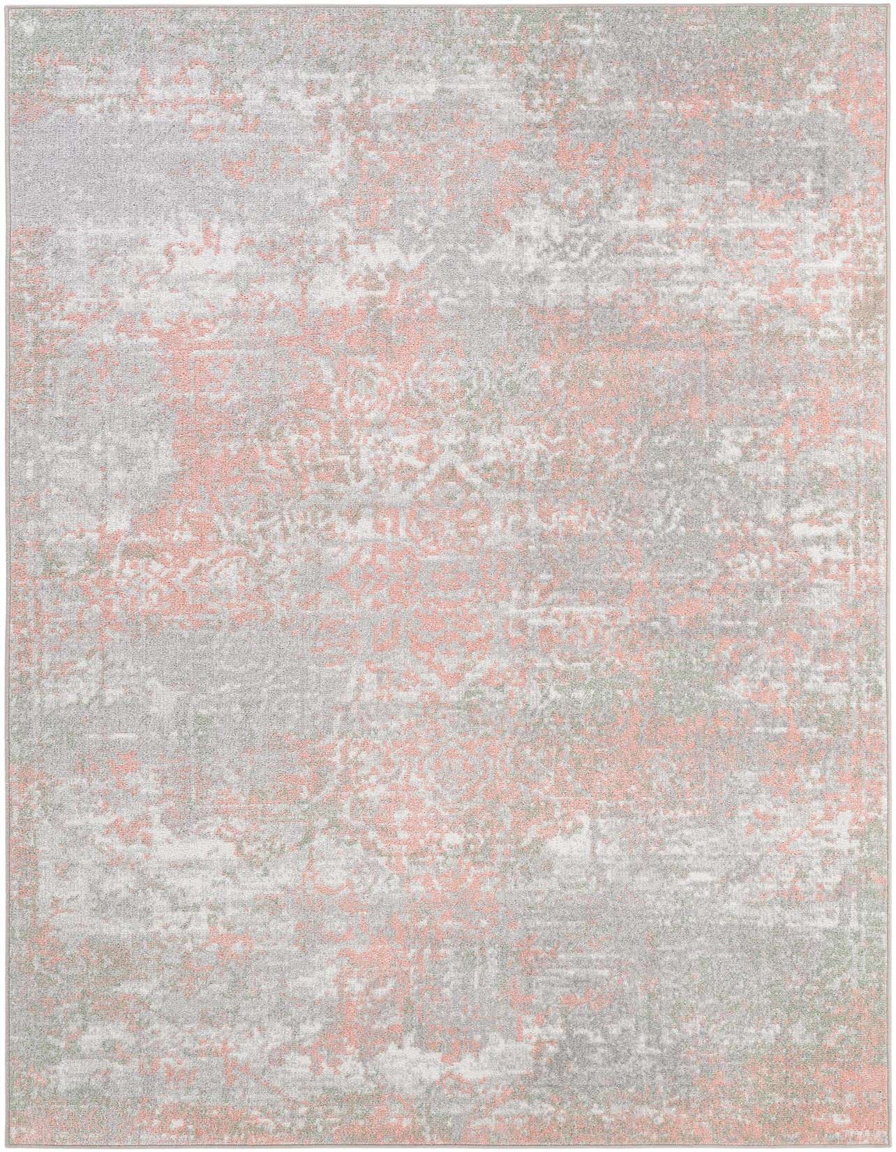 A 5x8 rectangular modern abstract rug featuring a blend of grays, silvers, and hints of peach, ideal for a living room.