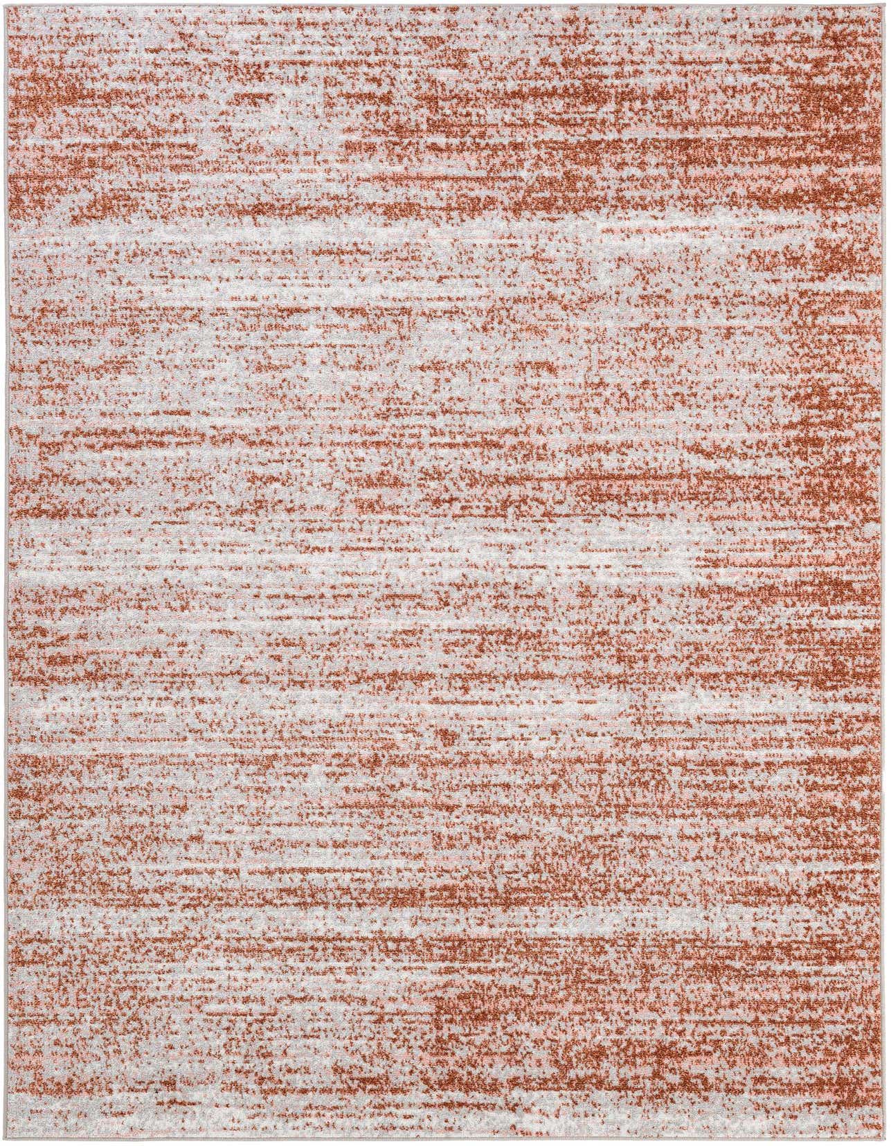 A 5x8 rectangular modern abstract rug featuring a distressed pattern of gray and silver with rust-colored horizontal accents.