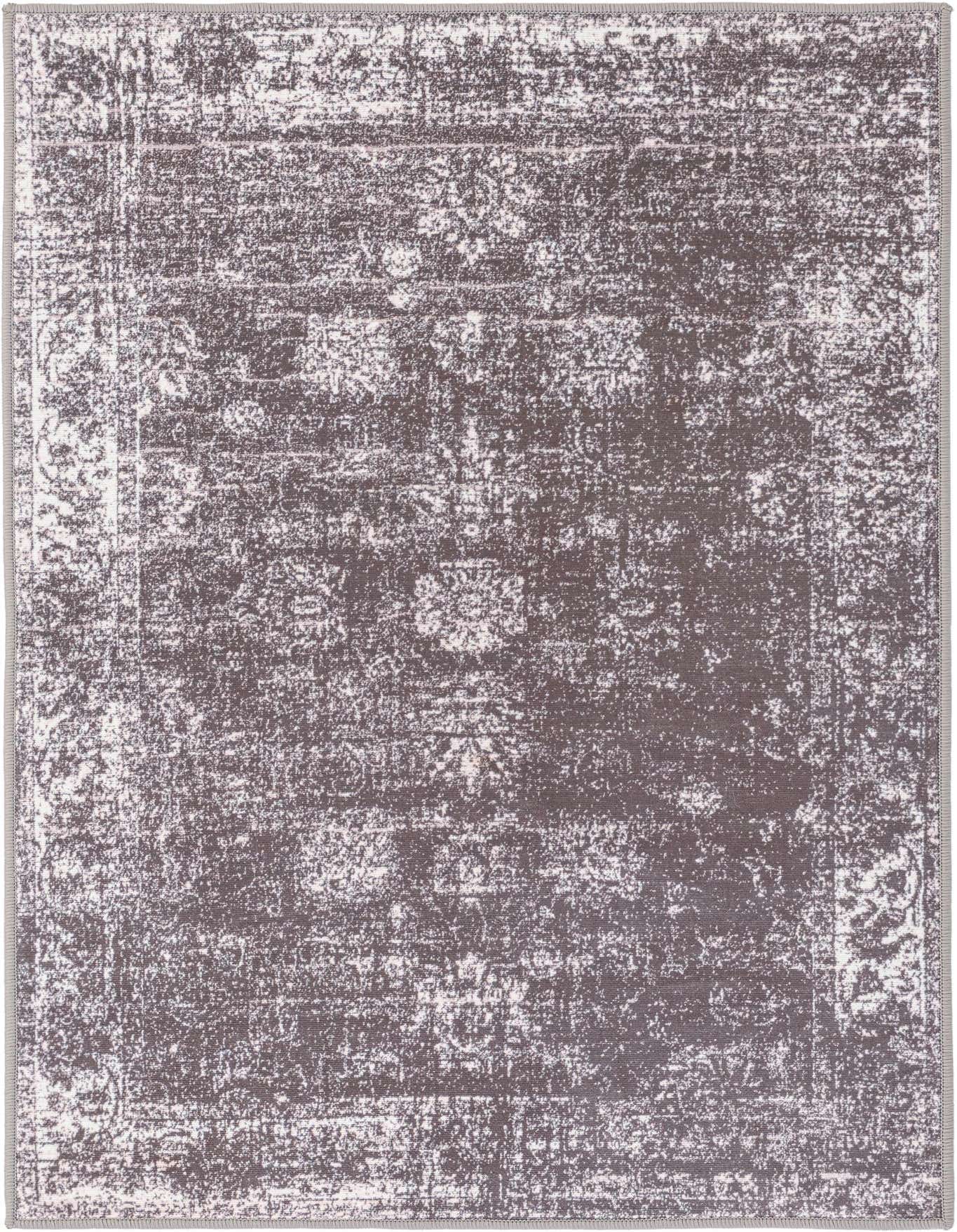 A 2x3 rectangular gray vintage oriental rug with a distressed pattern, suitable for a kitchen, bathroom, or entryway.