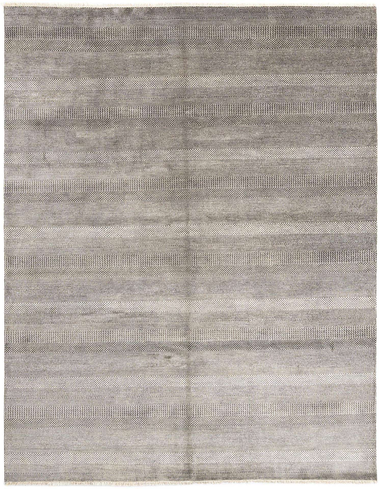 A 9x12 rectangular Kamla Persian rug in varying shades of gray, featuring a subtle striped and textured pattern.