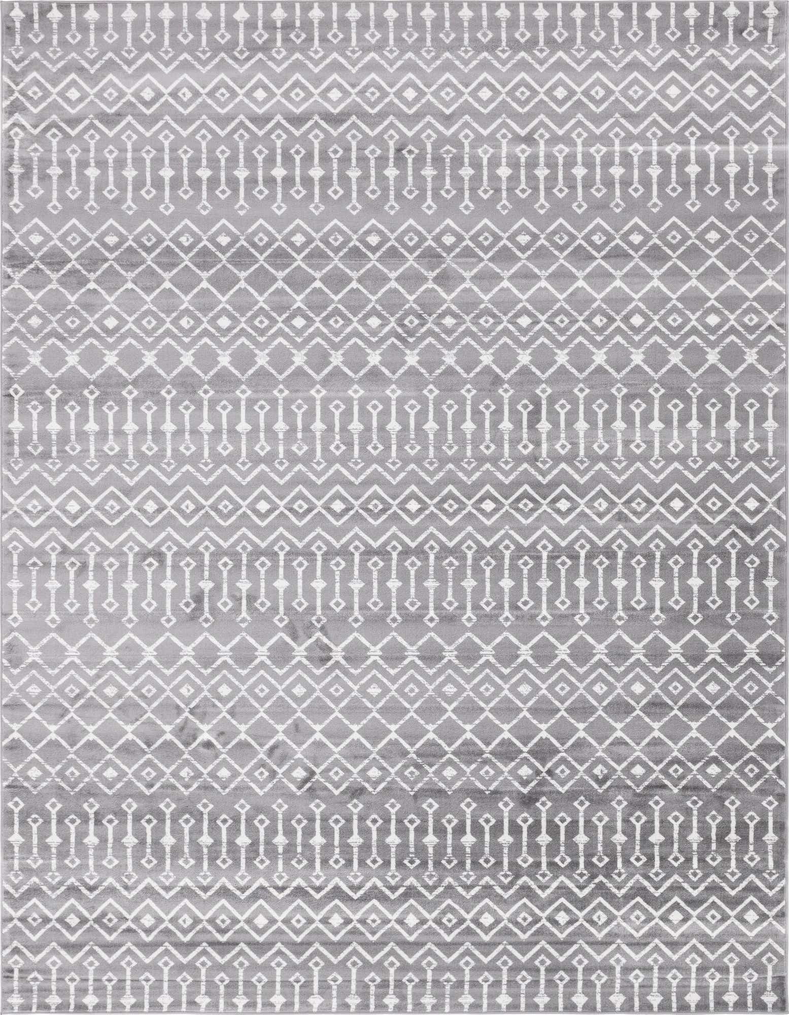 A 10x13 rectangular gray area rug with a modern tribal trellis pattern in white, suitable for a living room.