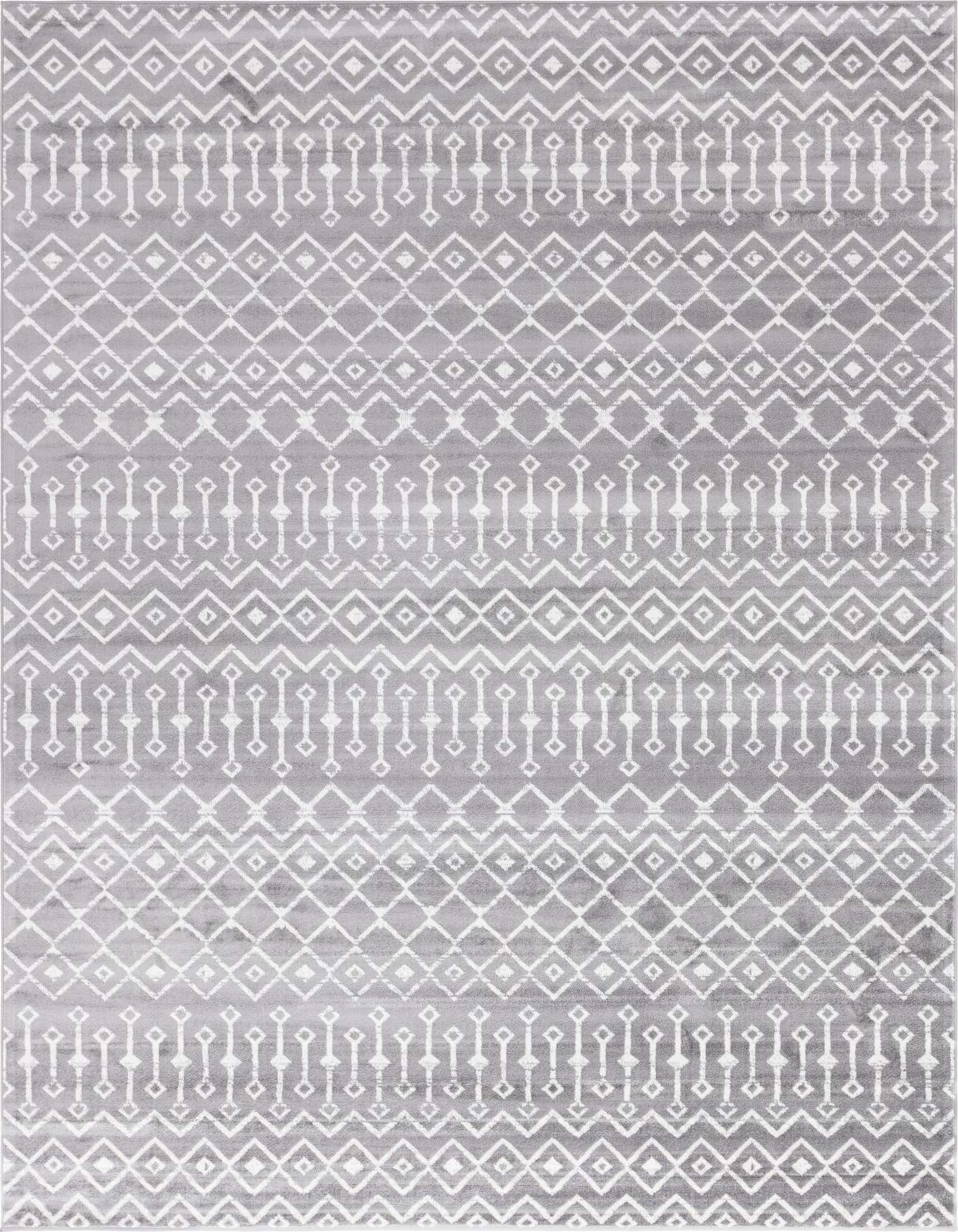 A 9x12 rectangular gray area rug with a modern tribal trellis pattern in lighter gray and white, suitable for a living room.