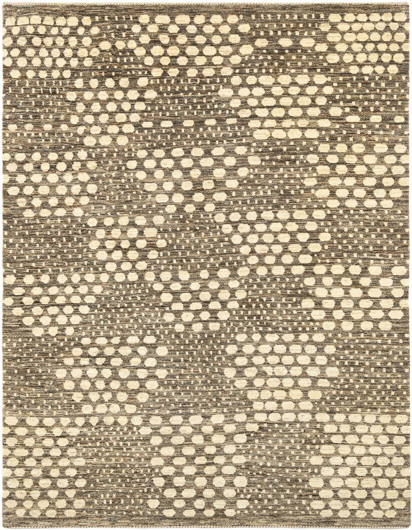 A rectangular gray and off-white Persian wool rug with a textured dotted pattern, suitable for an indoor living space.