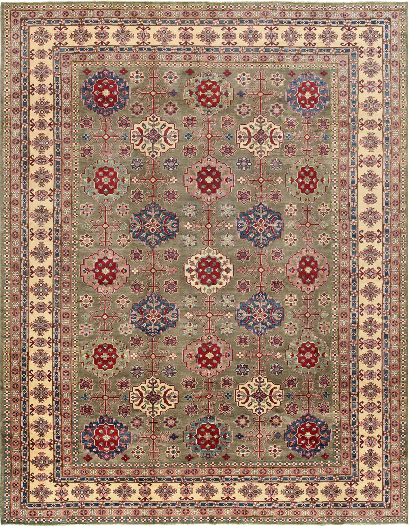 A large rectangular gray Modern Oriental Kazak rug with intricate red, blue, and cream medallion patterns and a detailed border.