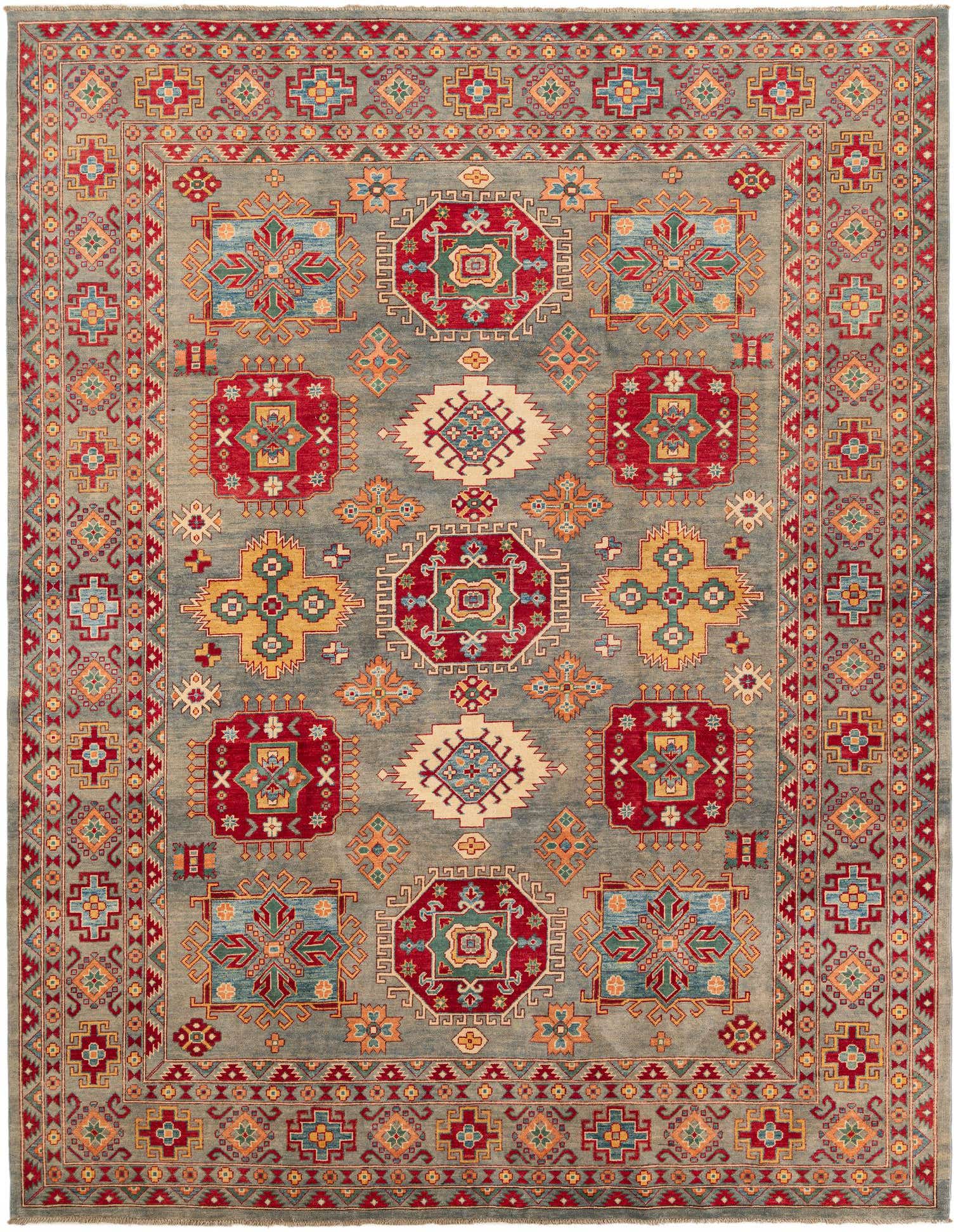 A 9x12 rectangular gray Kazak rug with a vibrant modern oriental pattern featuring red, blue, and yellow geometric motifs.