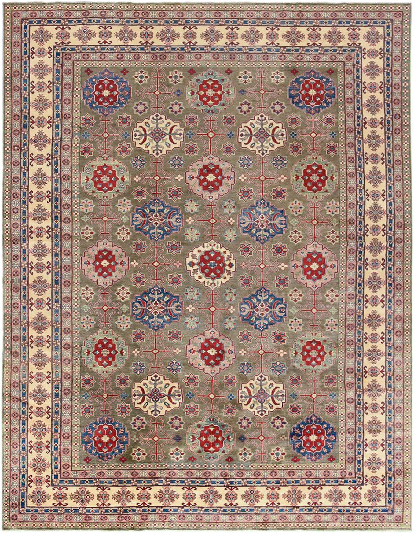 A large 13x18 rectangular gray modern oriental rug with red, blue, and cream medallions and a detailed border.