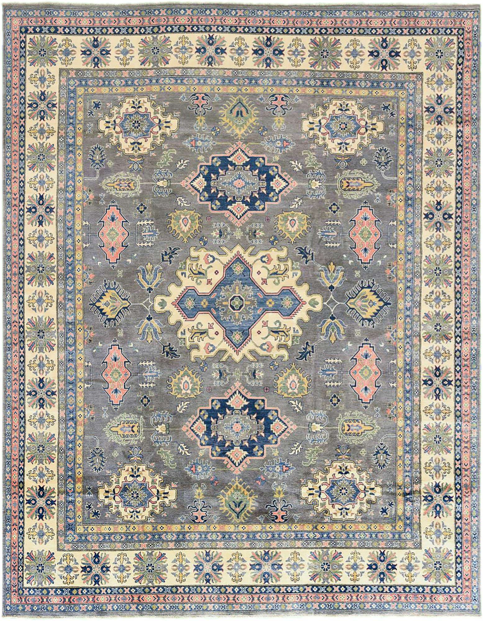 A large 12x15 rectangular gray modern oriental rug with intricate blue, pink, and cream medallion patterns.
