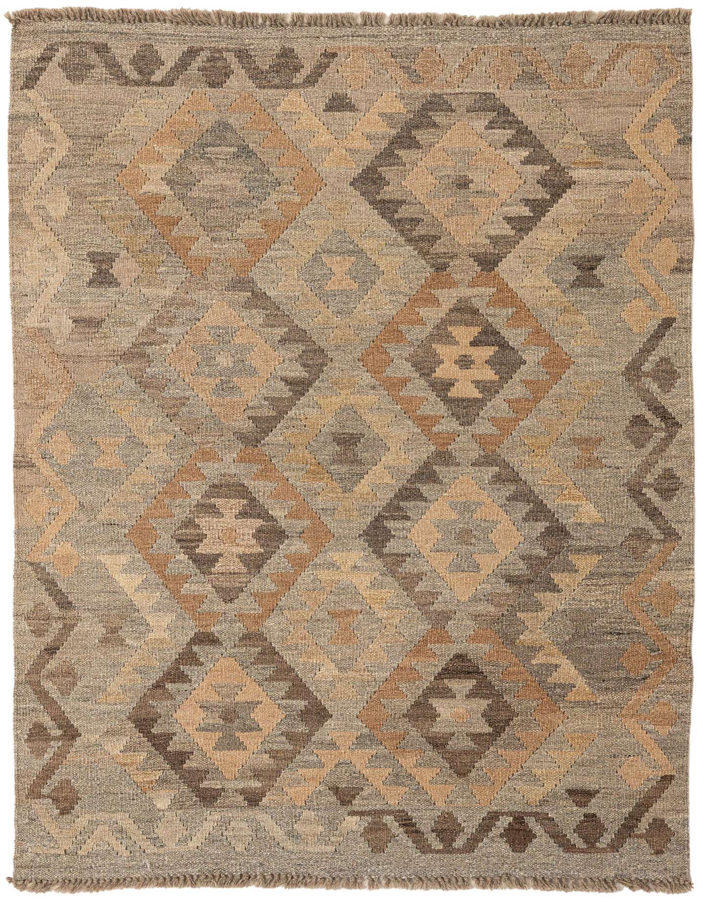 A 3x5 rectangular Kilim Maymana rug featuring a tribal geometric pattern in shades of gray, silver, and warm brown.
