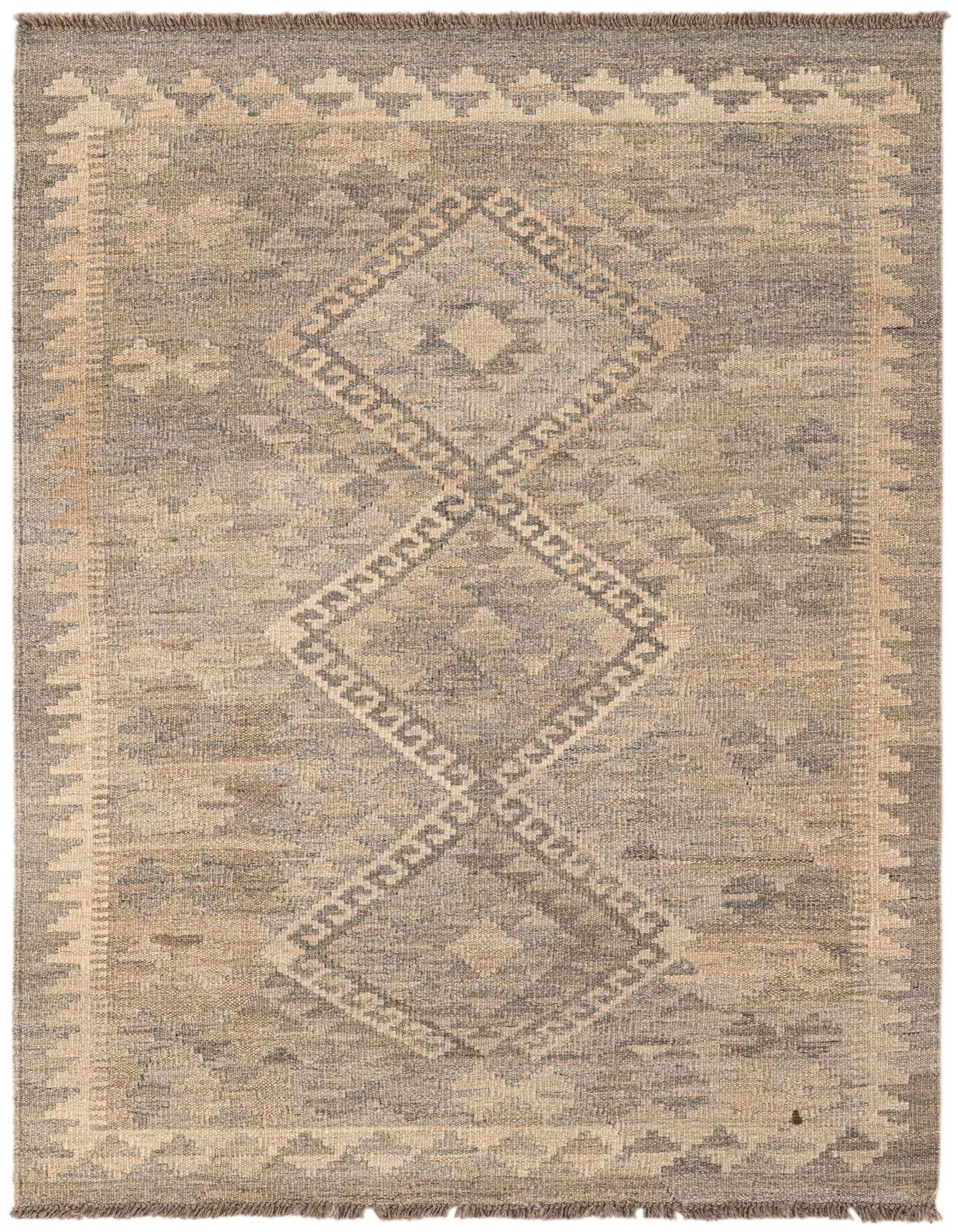 A 3x5 rectangular Kilim Maymana rug featuring a tribal geometric pattern in varying shades of gray and beige, with a flatweave texture and fringed edges.