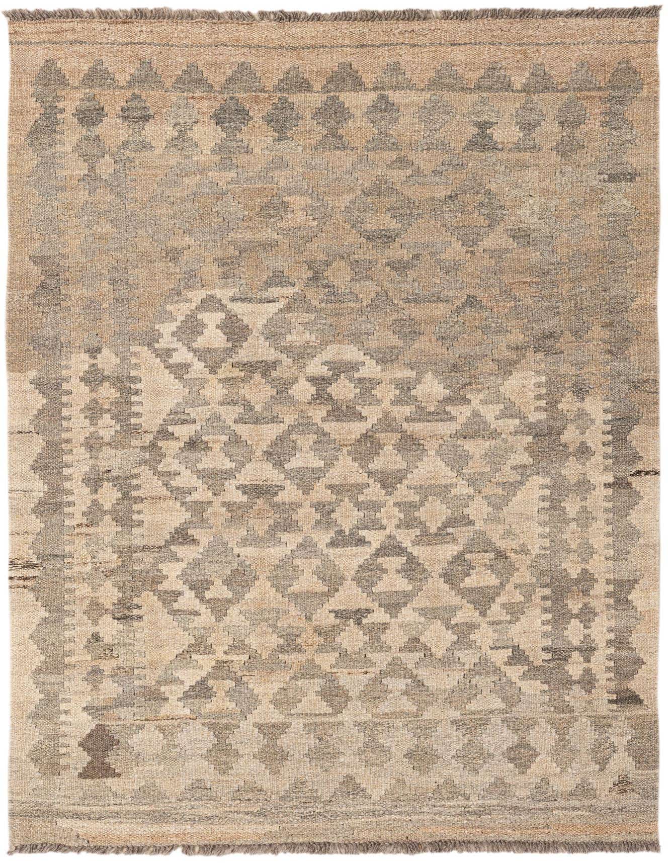 A 3x5 rectangular Kilim Maymana rug with a tribal geometric pattern in shades of gray and silver on a natural wool background.