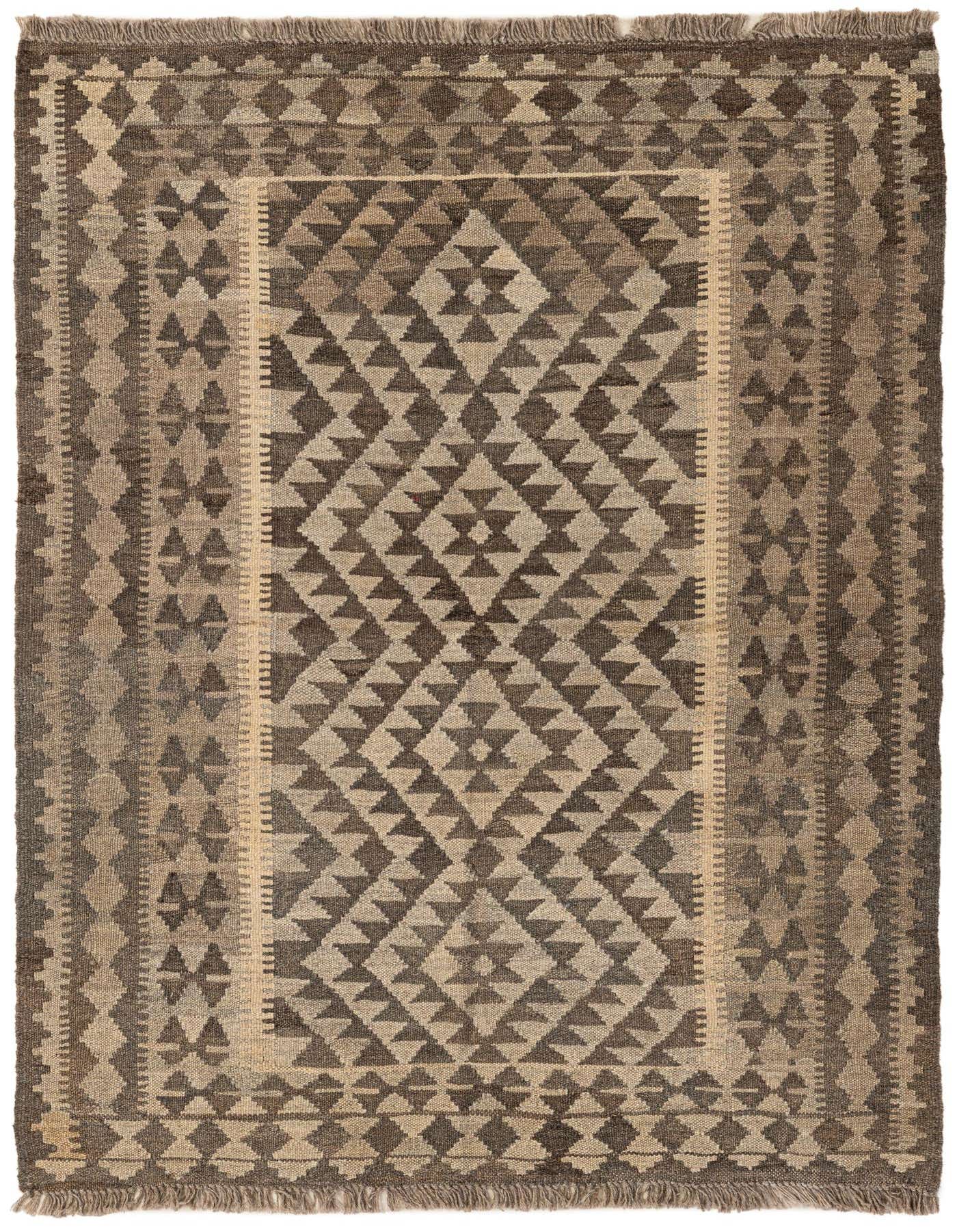 A 3x5 rectangular Kilim Maymana rug featuring a tribal geometric pattern in varying shades of gray and silver.