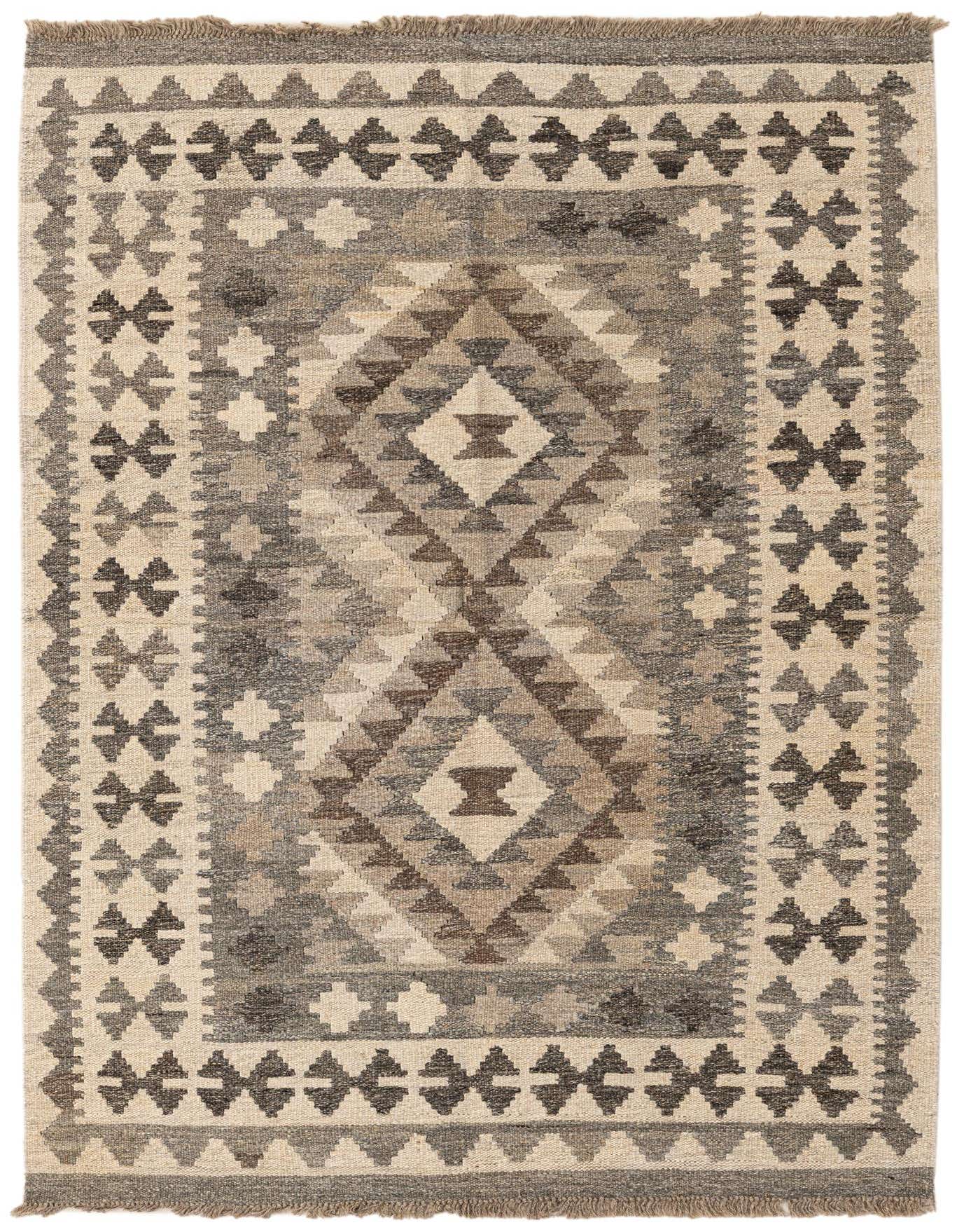 A 3x5 rectangular Kilim Maymana rug featuring tribal geometric patterns in shades of gray, silver, and beige.