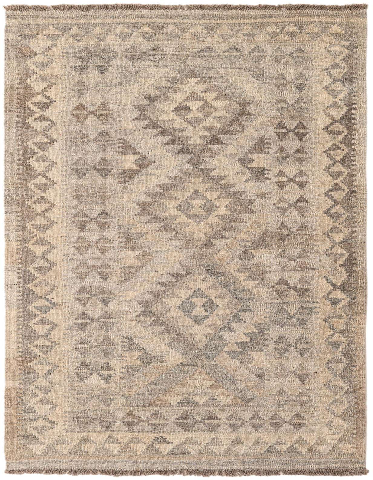 A 3x5 rectangular Kilim Maymana rug with a tribal geometric pattern in varying shades of gray and silver on a light background, featuring a flatweave texture and fringed edges.