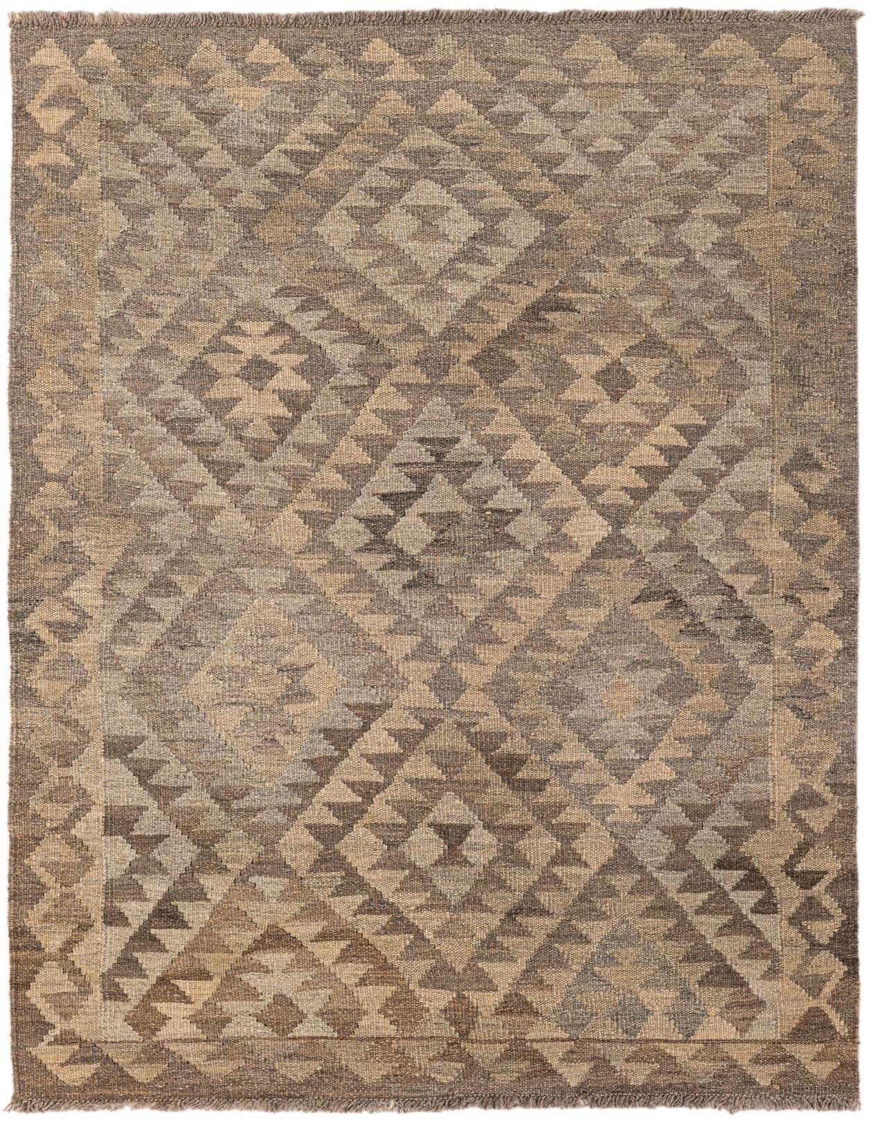 A 3x5 rectangular Kilim Maymana rug featuring a tribal geometric pattern in varying shades of gray and silver.