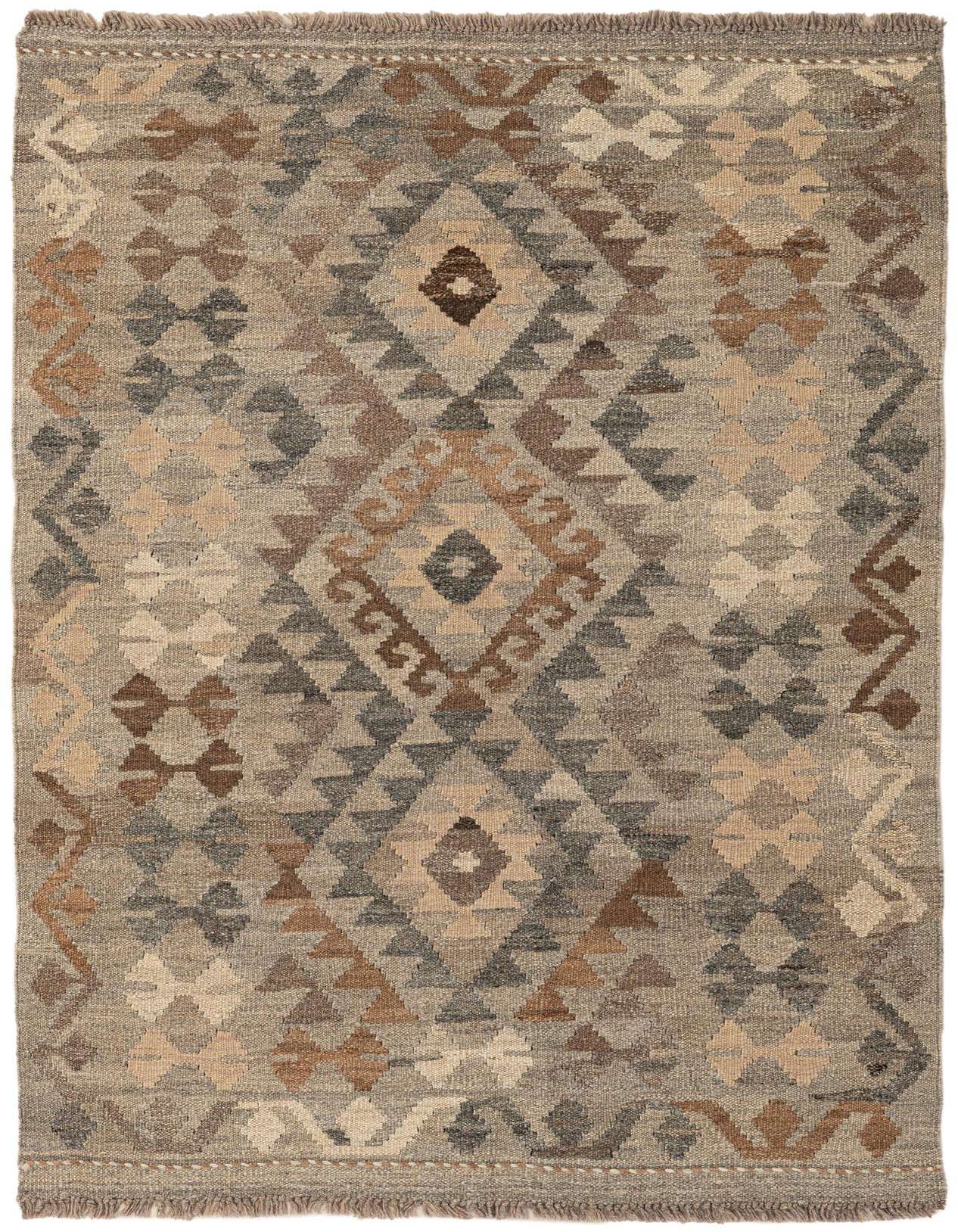 A 3x5 rectangular Kilim Maymana rug featuring a tribal geometric pattern in shades of gray, silver, and brown, with a flatweave texture.