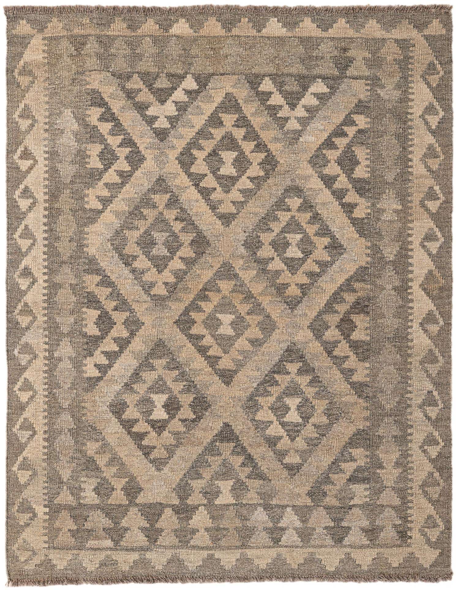 A 3x5 rectangular Kilim Maymana rug with a tribal geometric pattern in shades of gray and beige, ideal for an entryway.