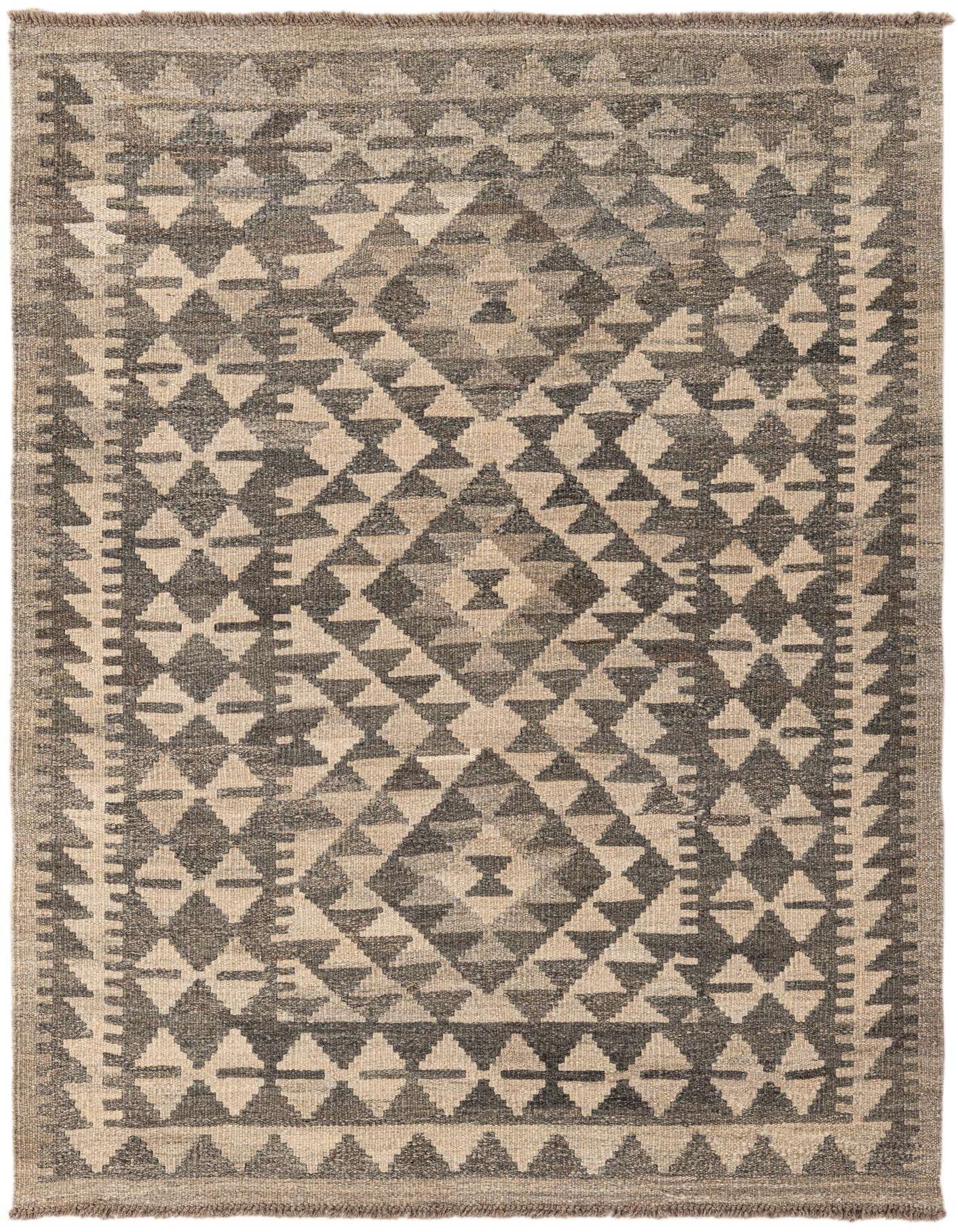 A 3x5 rectangular Kilim Maymana wool rug featuring a tribal geometric pattern in shades of gray and beige.