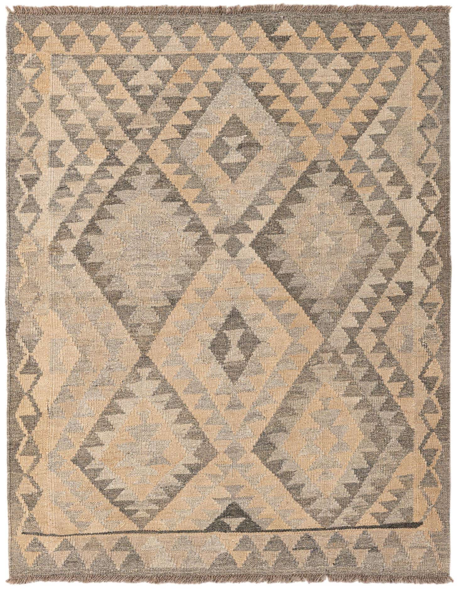 A 3x5 rectangular Kilim Maymana wool rug featuring a tribal geometric pattern in shades of gray and beige.
