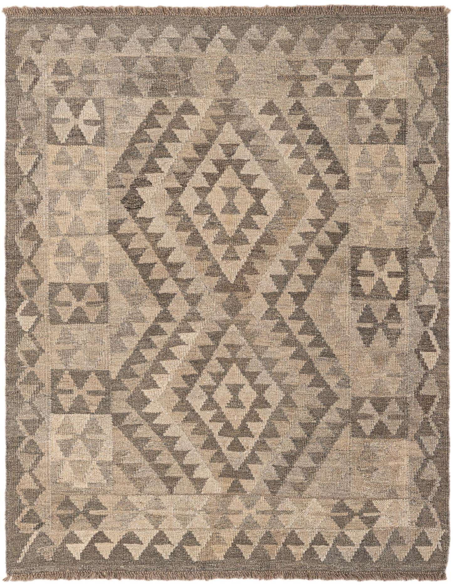 A 3x5 rectangular Kilim Maymana rug featuring a tribal geometric pattern in varying shades of gray and silver.