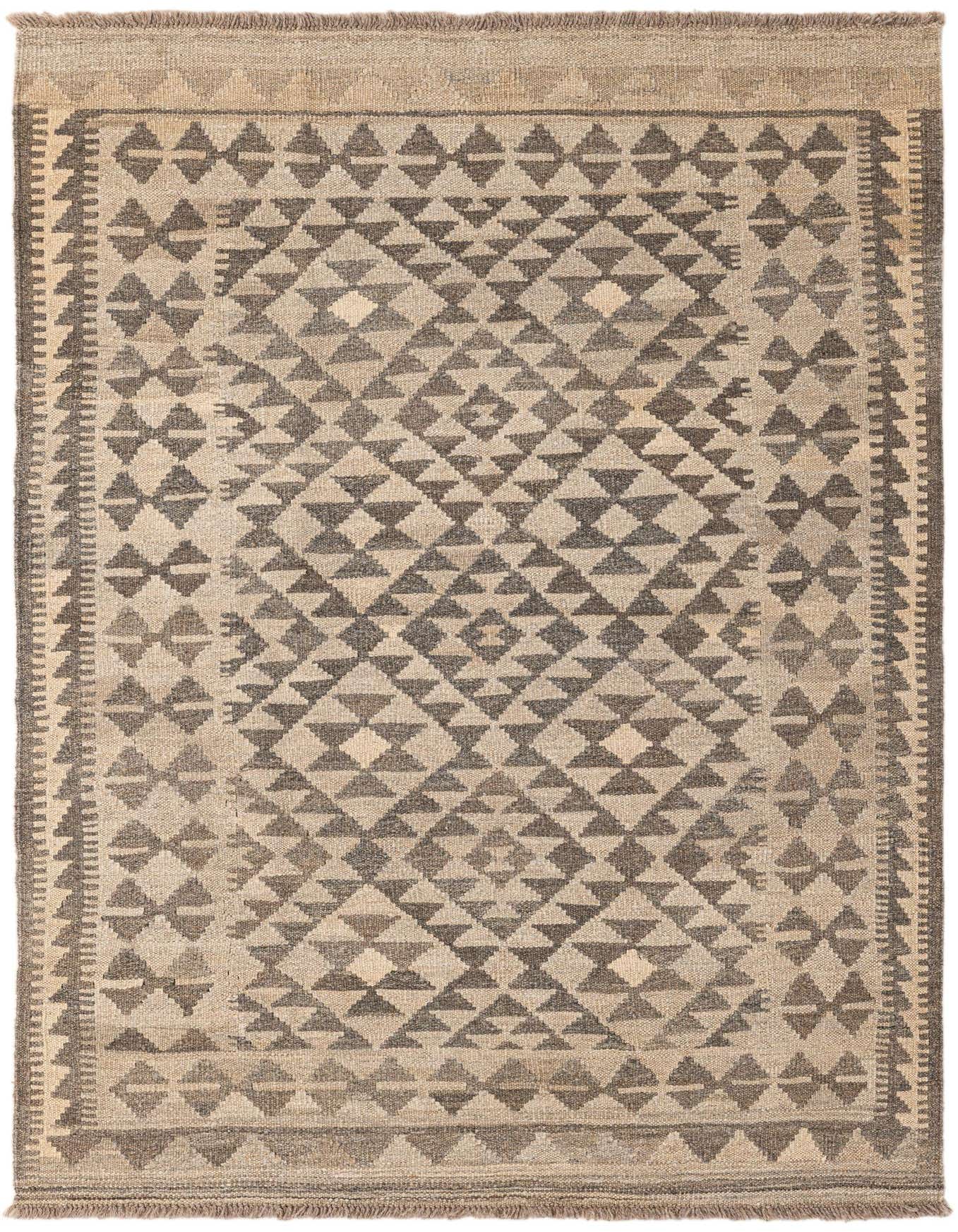 A 3x5 rectangular Kilim Maymana rug with a tribal geometric pattern in shades of gray and silver, featuring a flatweave texture.